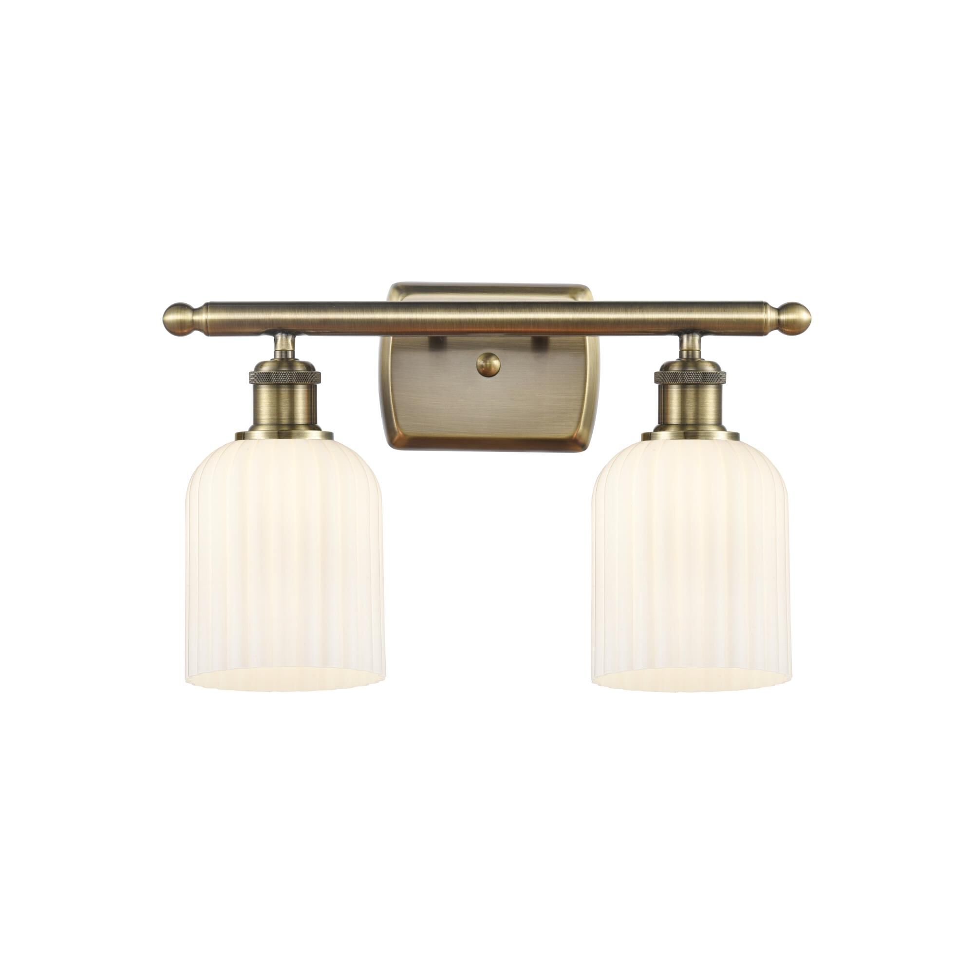 Shown in Antique Brass finish and Gloss White shade