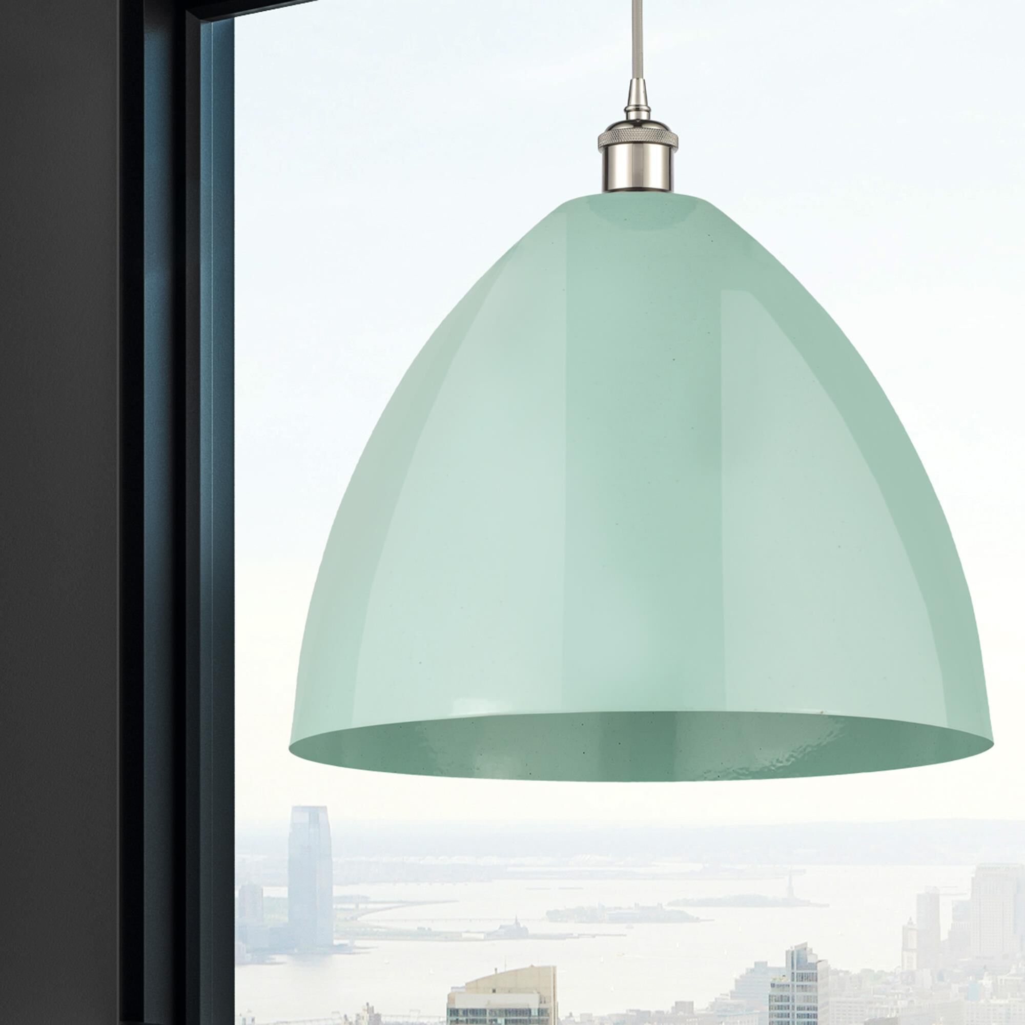 Shown in Polished Nickel finish and Seafoam Plymouth Dome shade