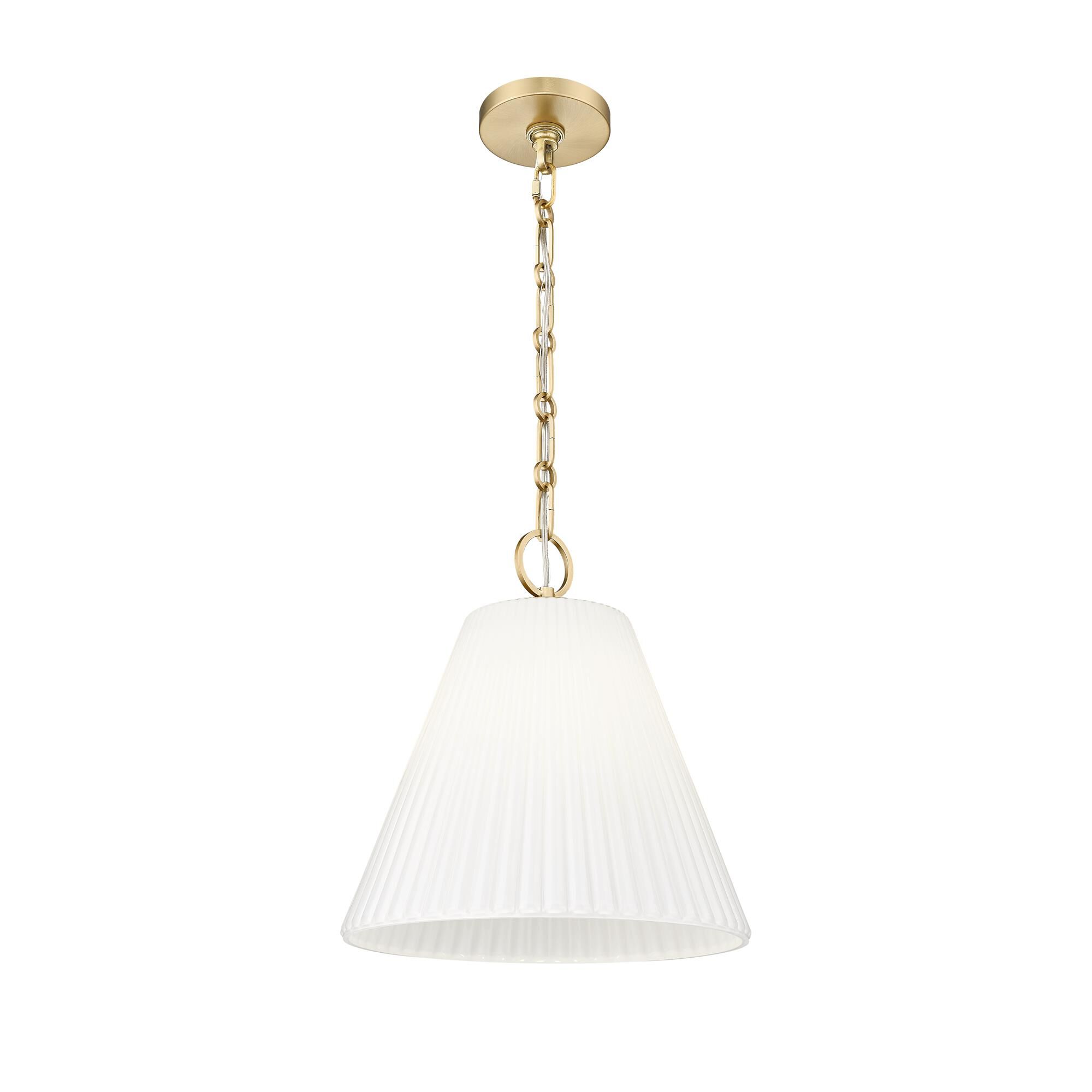 Shown in Modern Gold finish and White glass and White shade