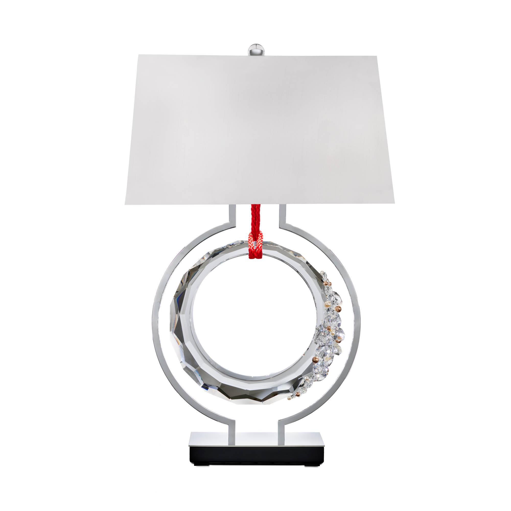 Shown in Polished Chrome With Red Rope finish and Radiance crystal and Fabric glass