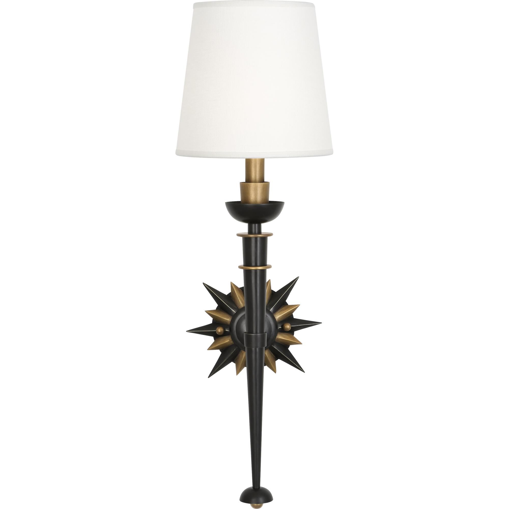 Shown in Deep Patina Bronze  With Warm Brass Accents finish and Oyster Linen Fabric shade