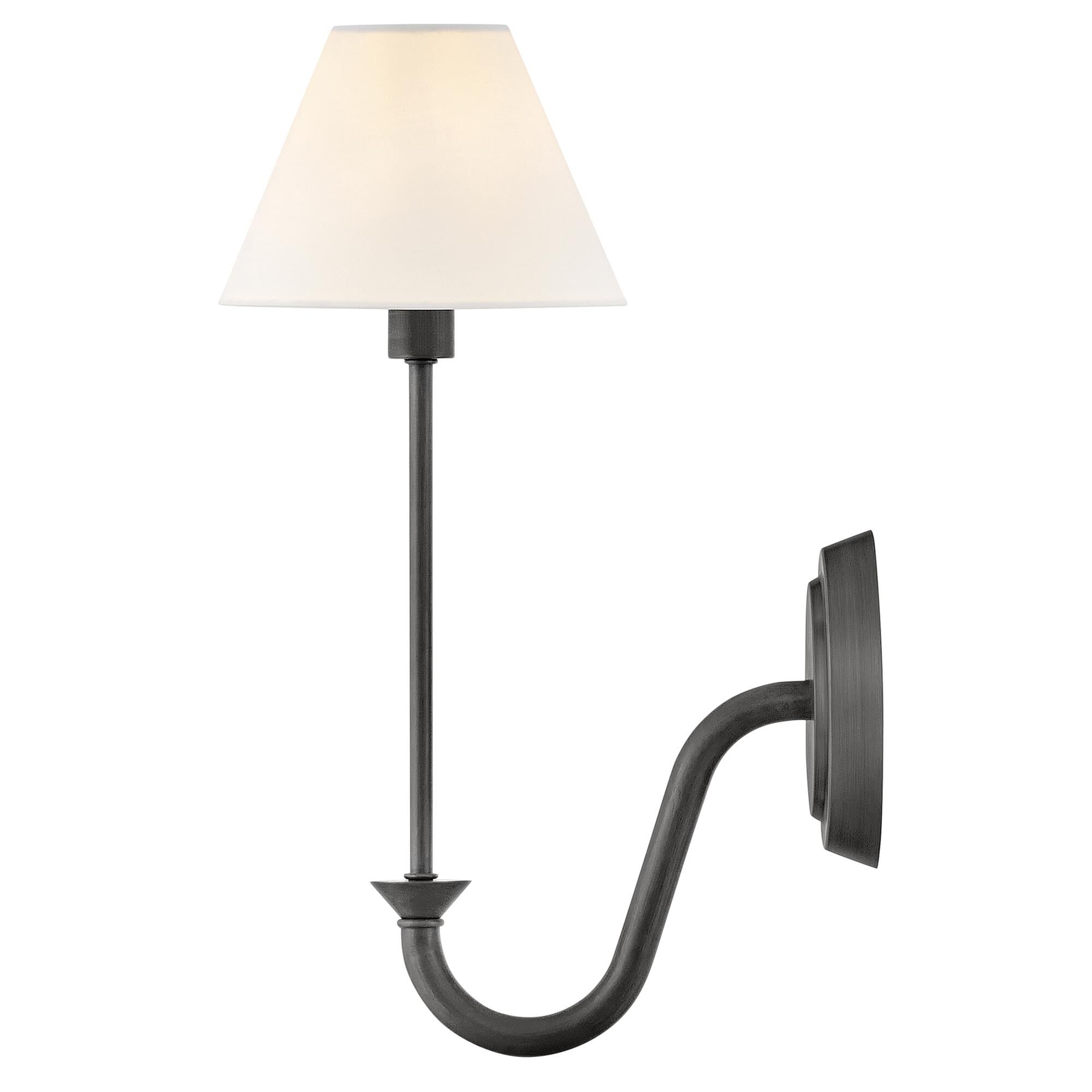 Shown in Blackened Brass finish and Off-White Linen shade