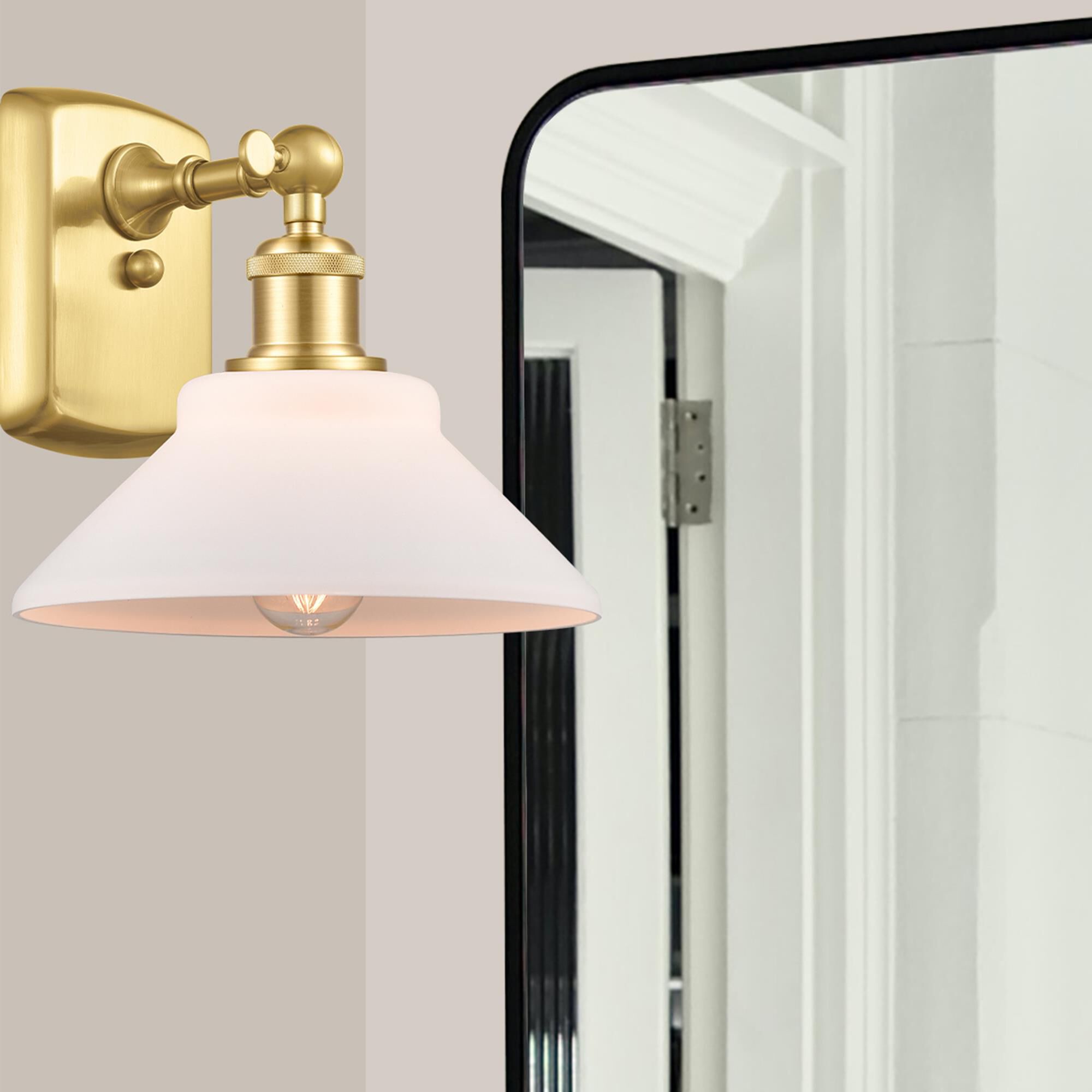 Shown in Satin Gold finish and Matte White Orwell glass