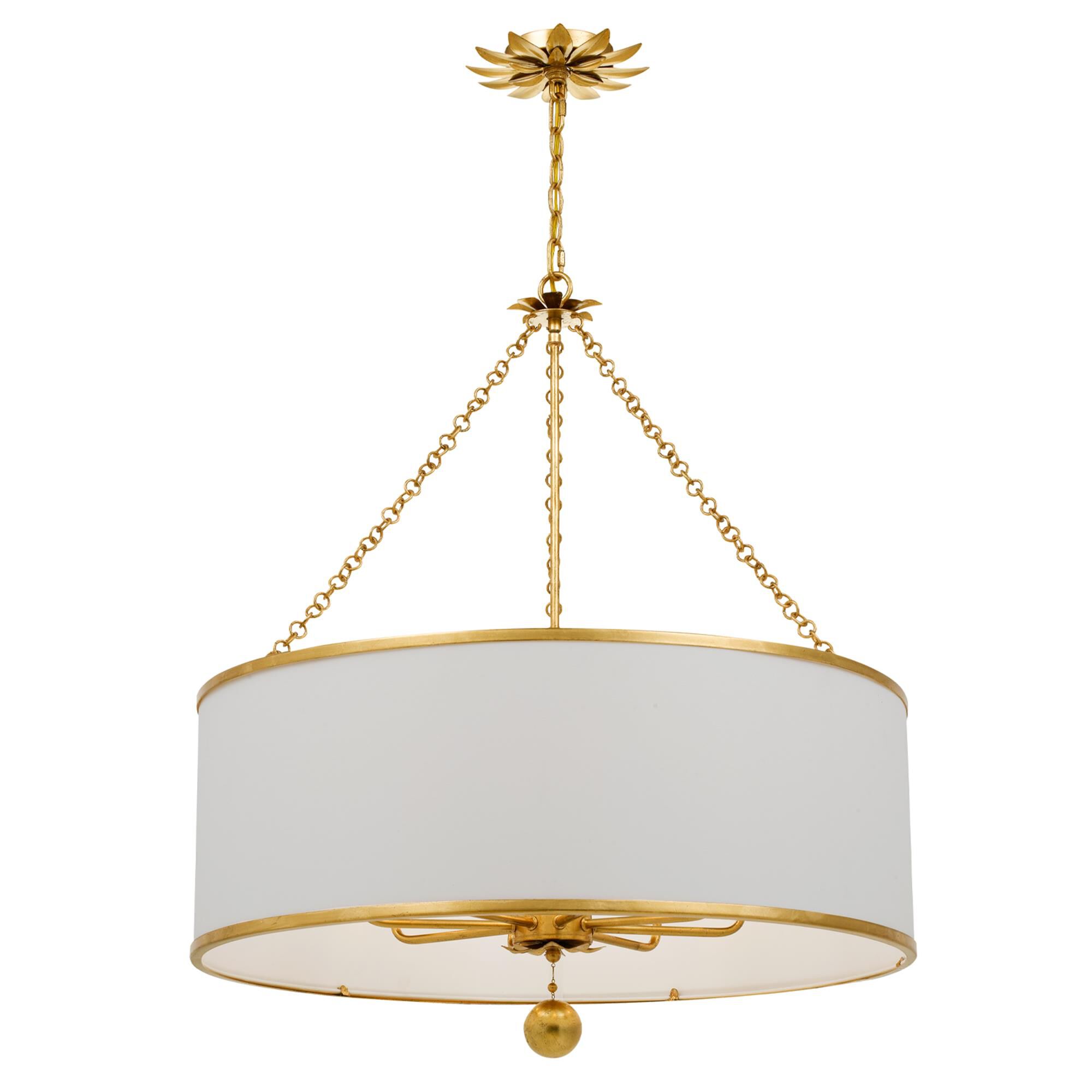 Shown in Antique Gold finish and Silk glass and White shade