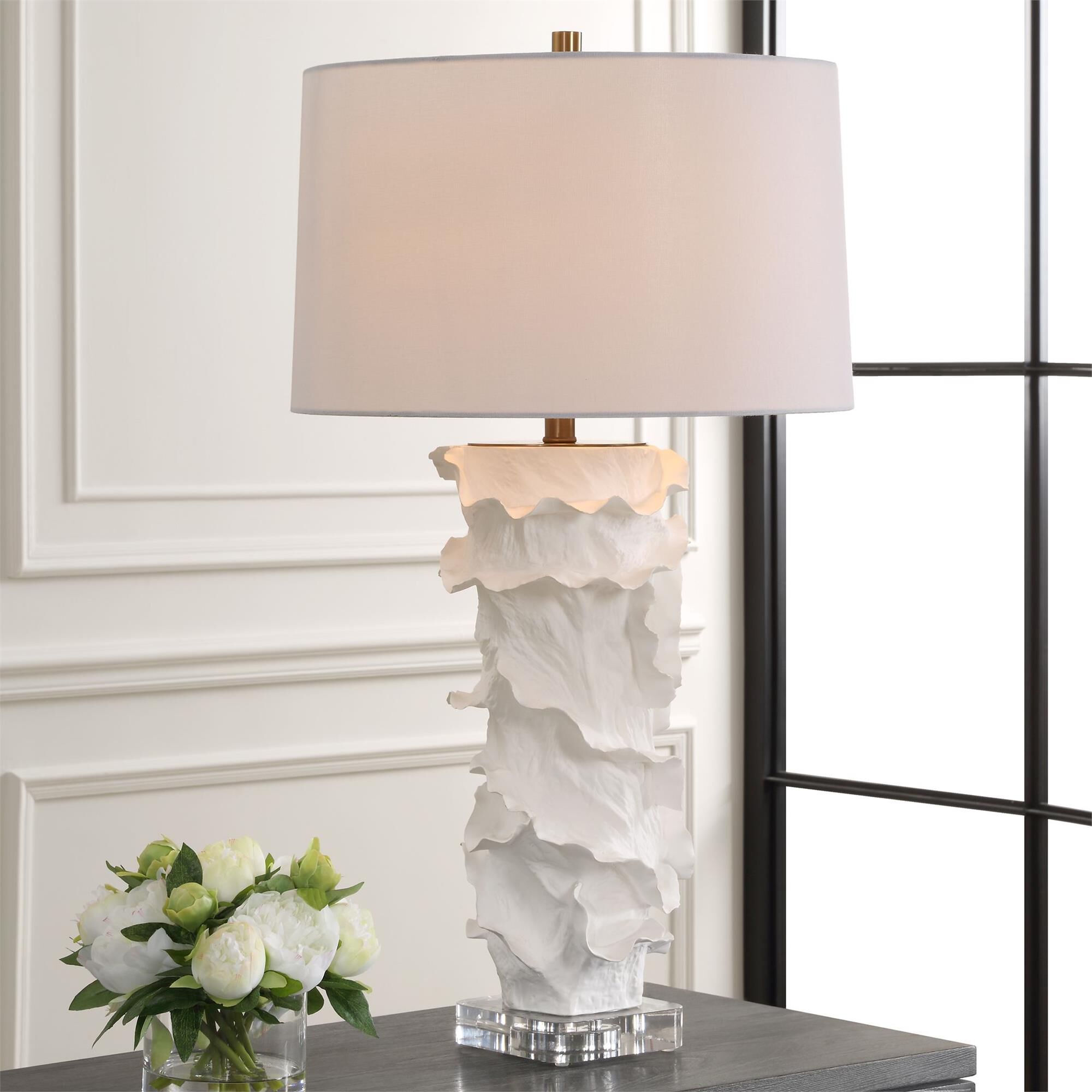Shown in This Ceramic Table Lamp Is Finished In A Satin White Glaze Featuring Gracefully Flowing Deep Ridges  finish and Round Hardback shade