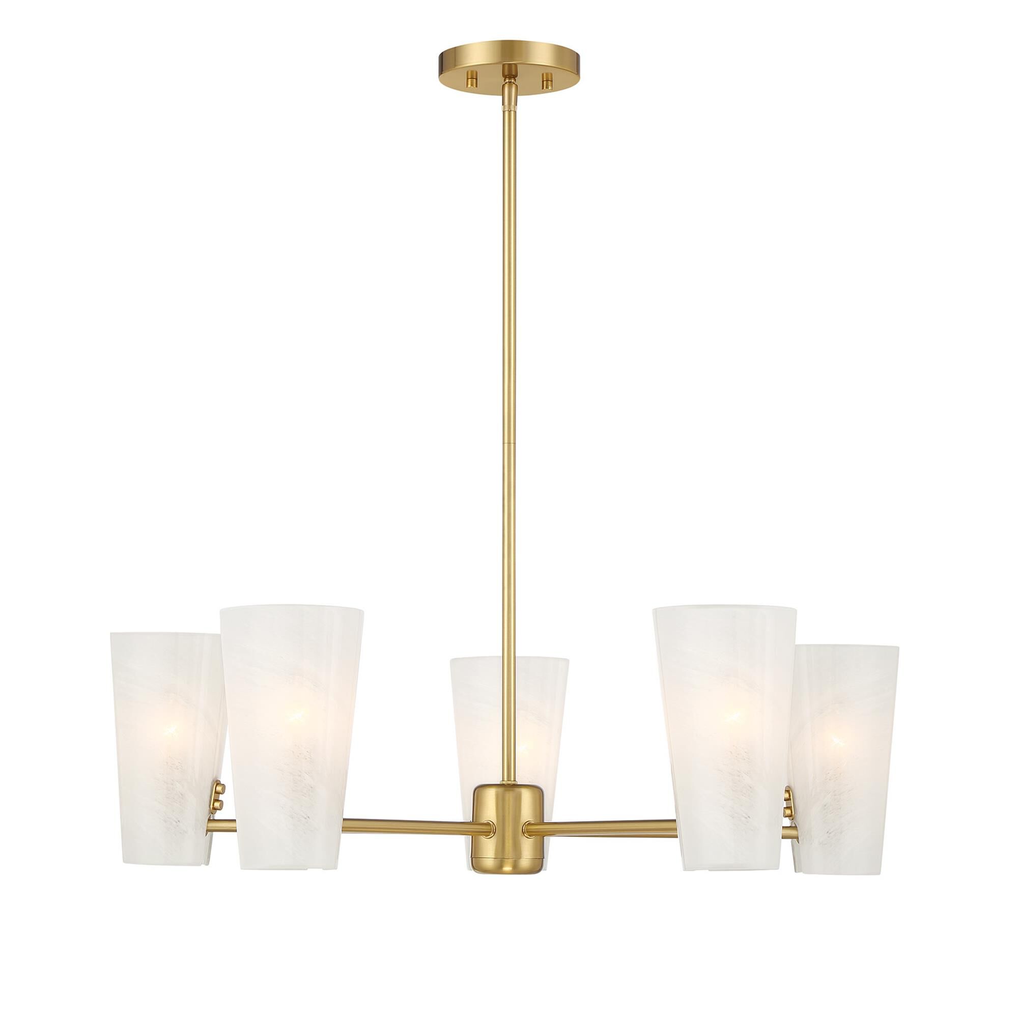 Shown in Natural Brass finish and White Strie glass and Glass shade