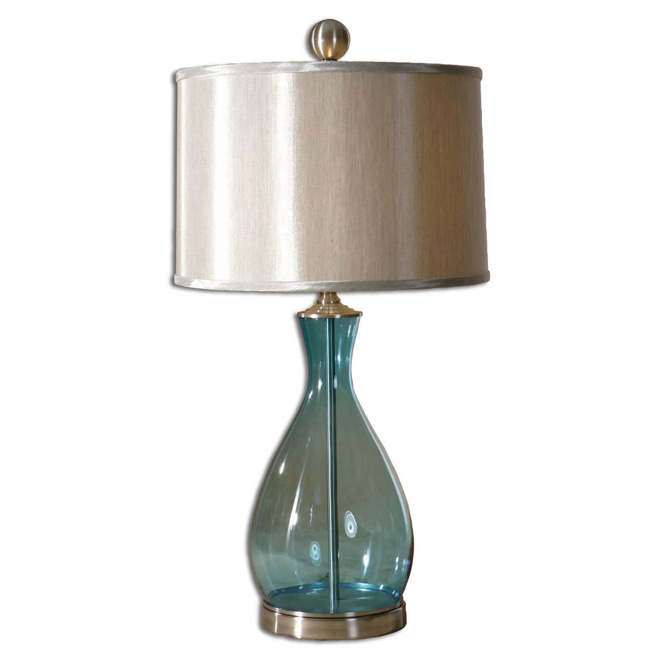 Shown in Satin Nickel finish and Clear Blue Mouth Blown glass and Silver shade