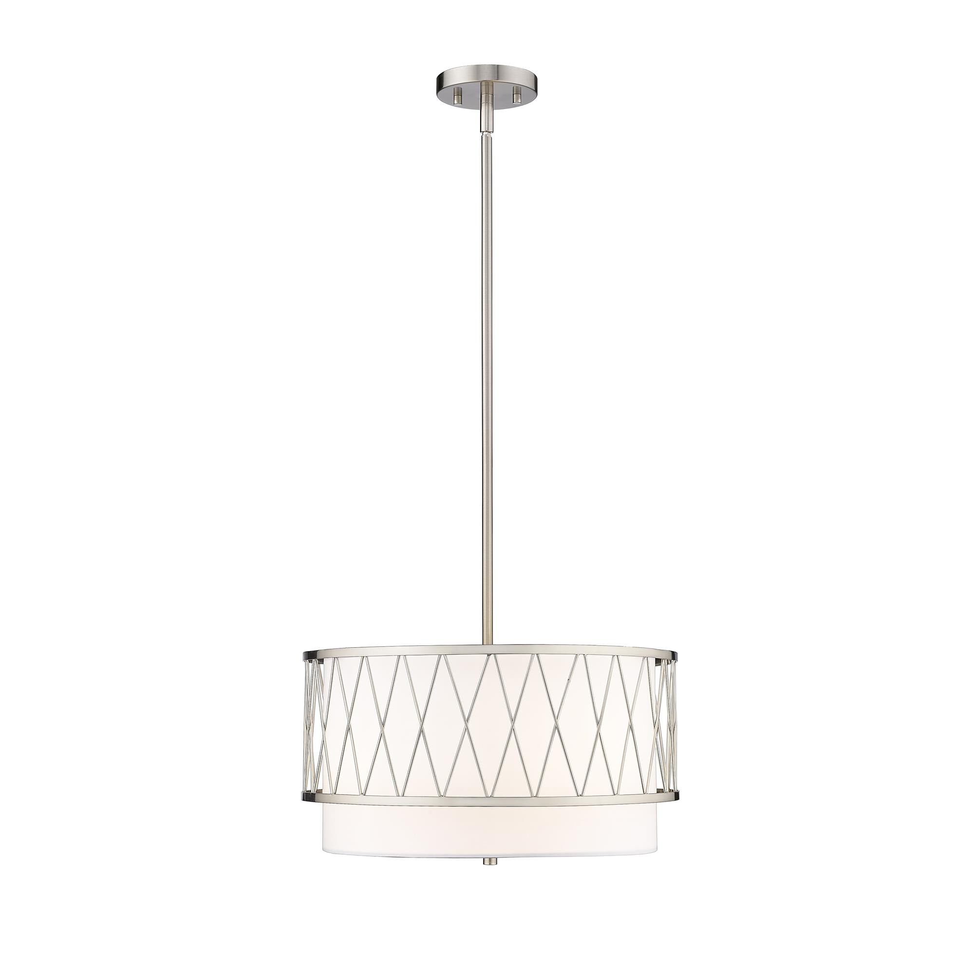 Shown in Brushed Nickel finish and White glass and White shade