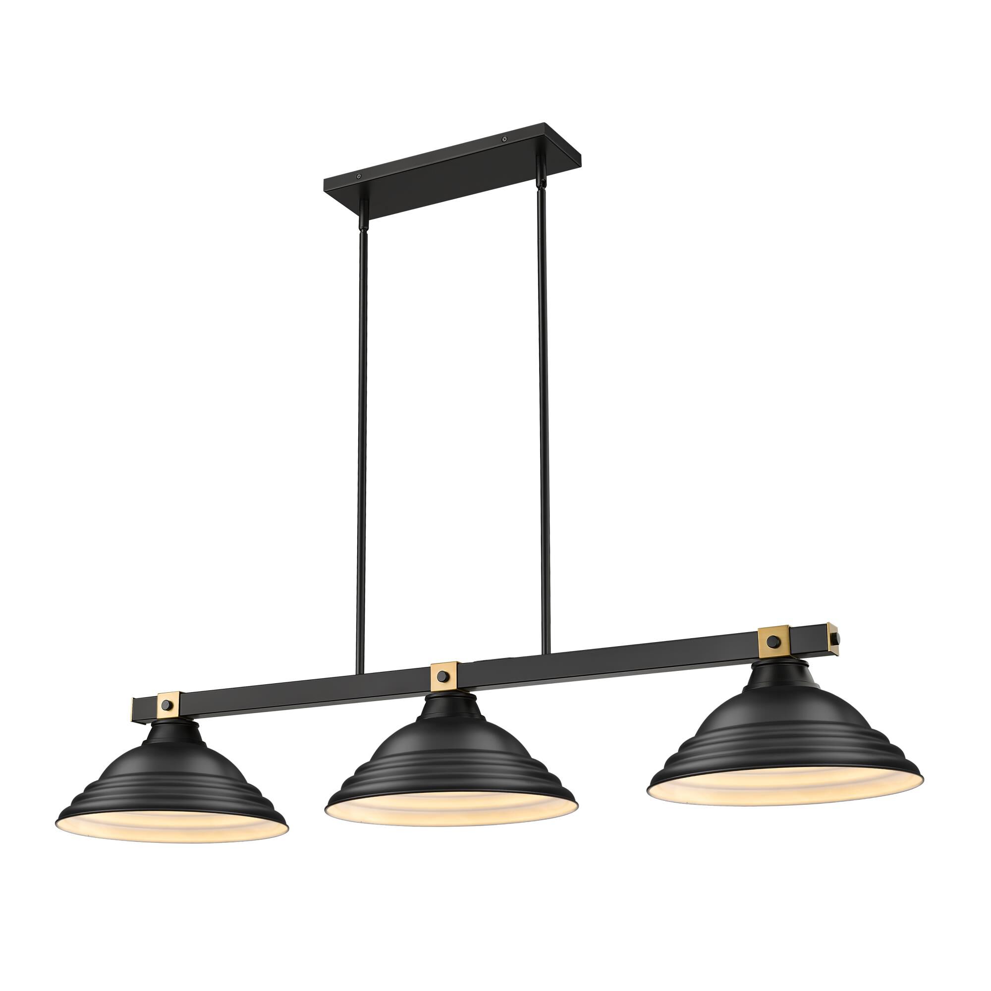 Shown in Matte Black + Rubbed Brass finish and Matte Black glass and Matte Black shade