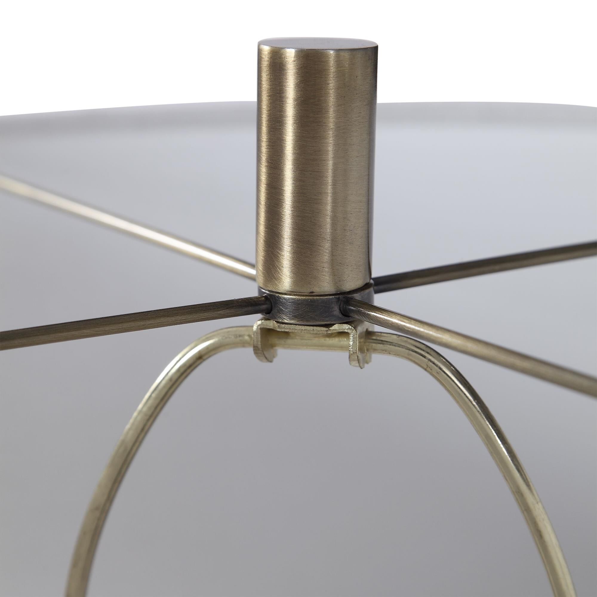 Shown in Transitional In Design, This Floor Lamp Features A Sleek Steel Base Finished In A Dark Bronze, Accen finish and Round Hardback  With Linning Background shade