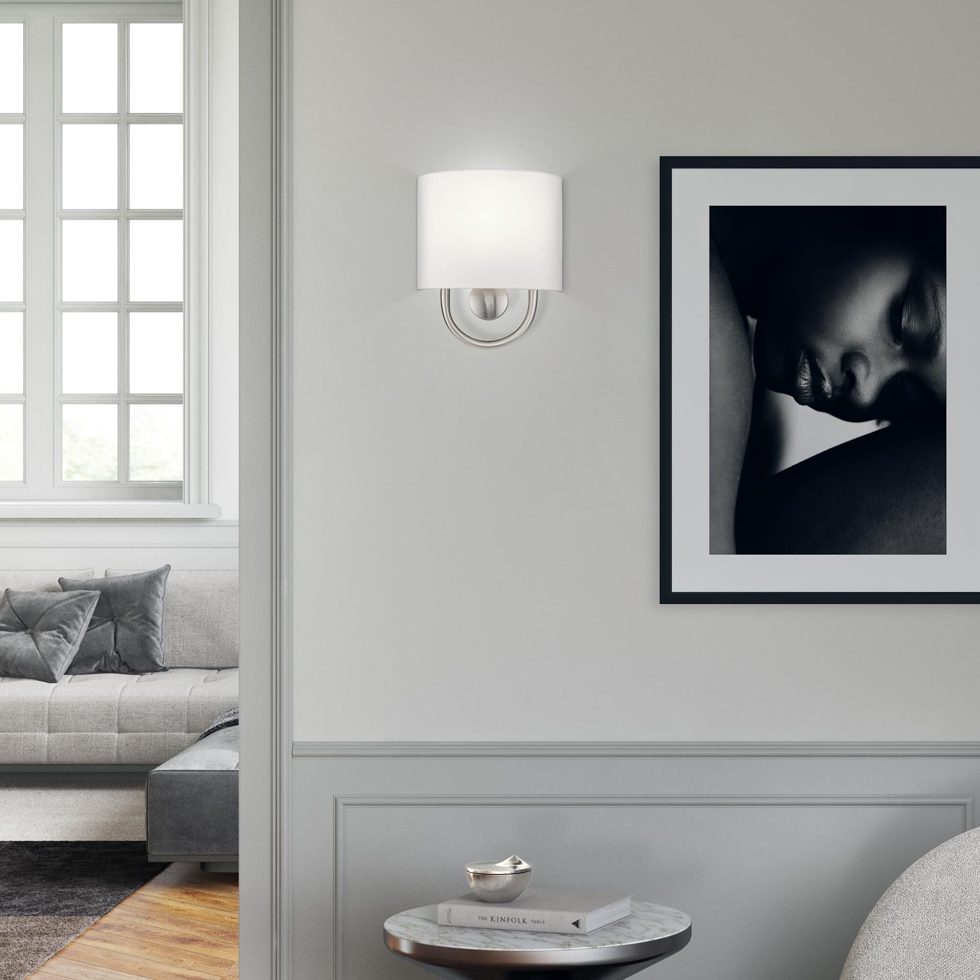 Shown in Brushed Nickel finish and Hand Crafted Off-White Fabric Hardback with White Fabric Inside shade