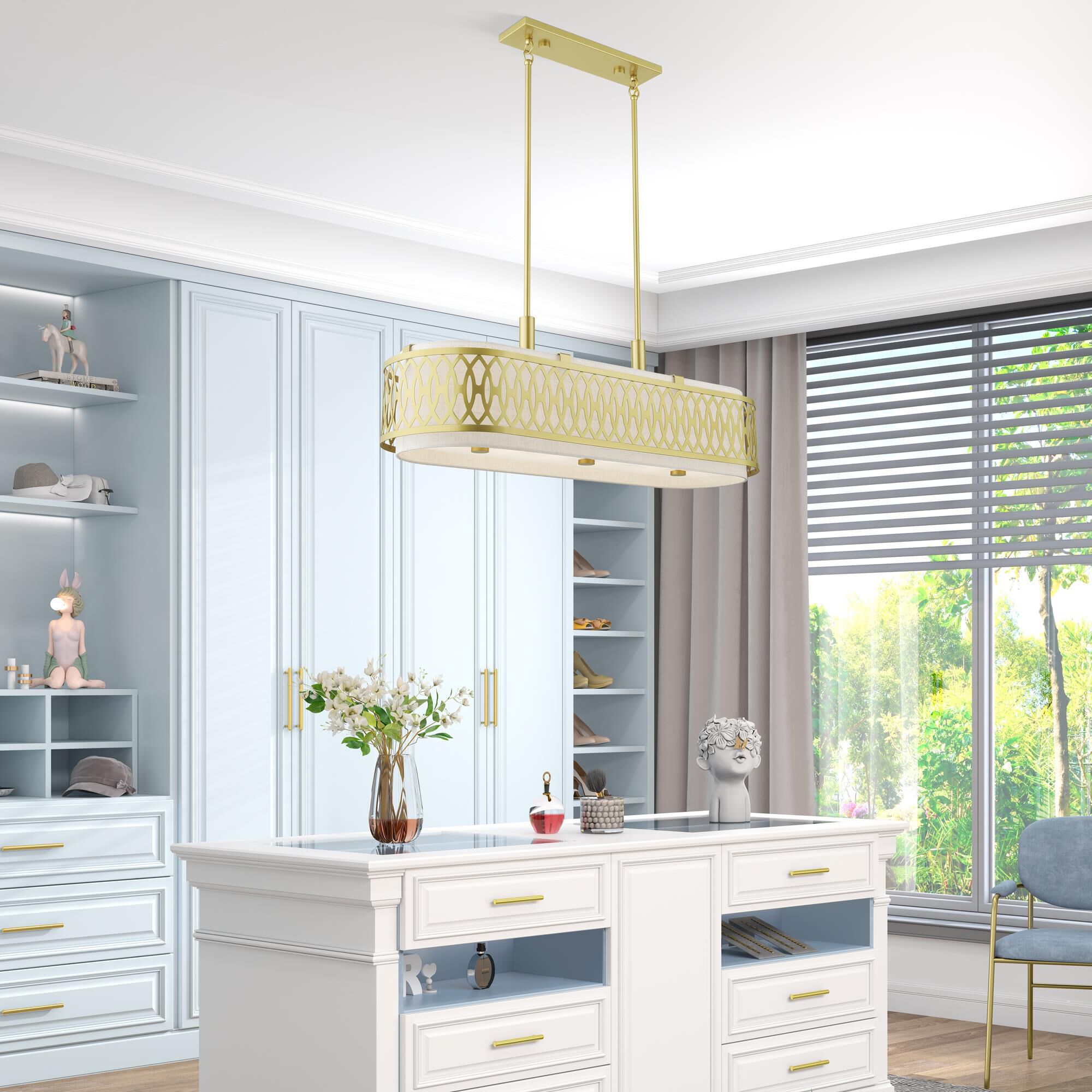 Shown in Soft Gold finish and Hand Crafted Oatmeal Color Hardback shade