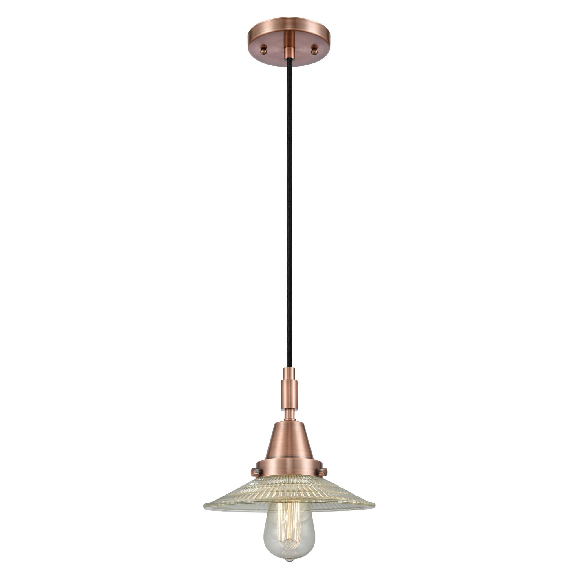 Shown in Antique Copper finish and Clear Halophane glass