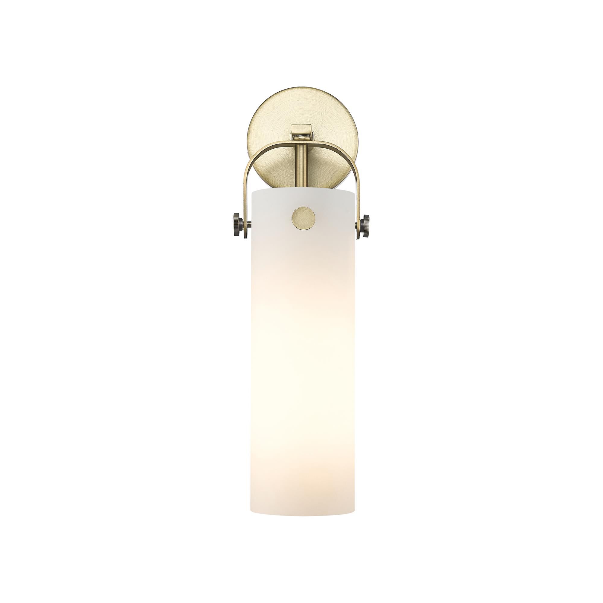 Shown in Brushed Brass finish and Matte White glass