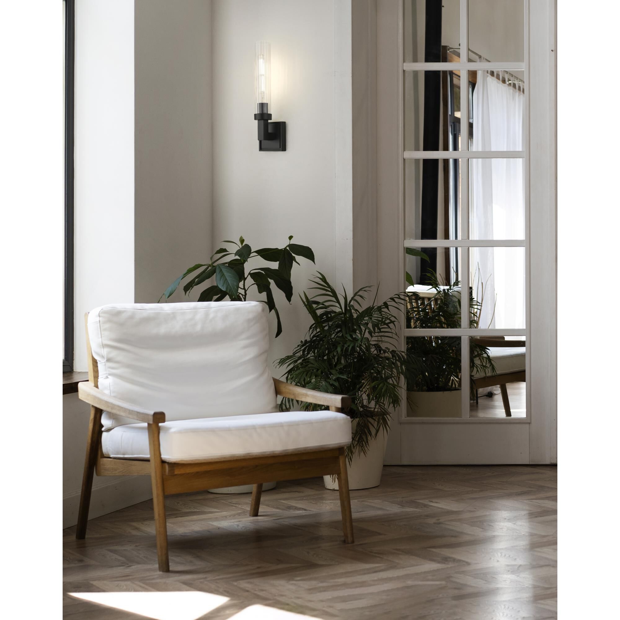 Shown in Matte Black finish and Clear Ribbed glass and Clear Ribbed shade