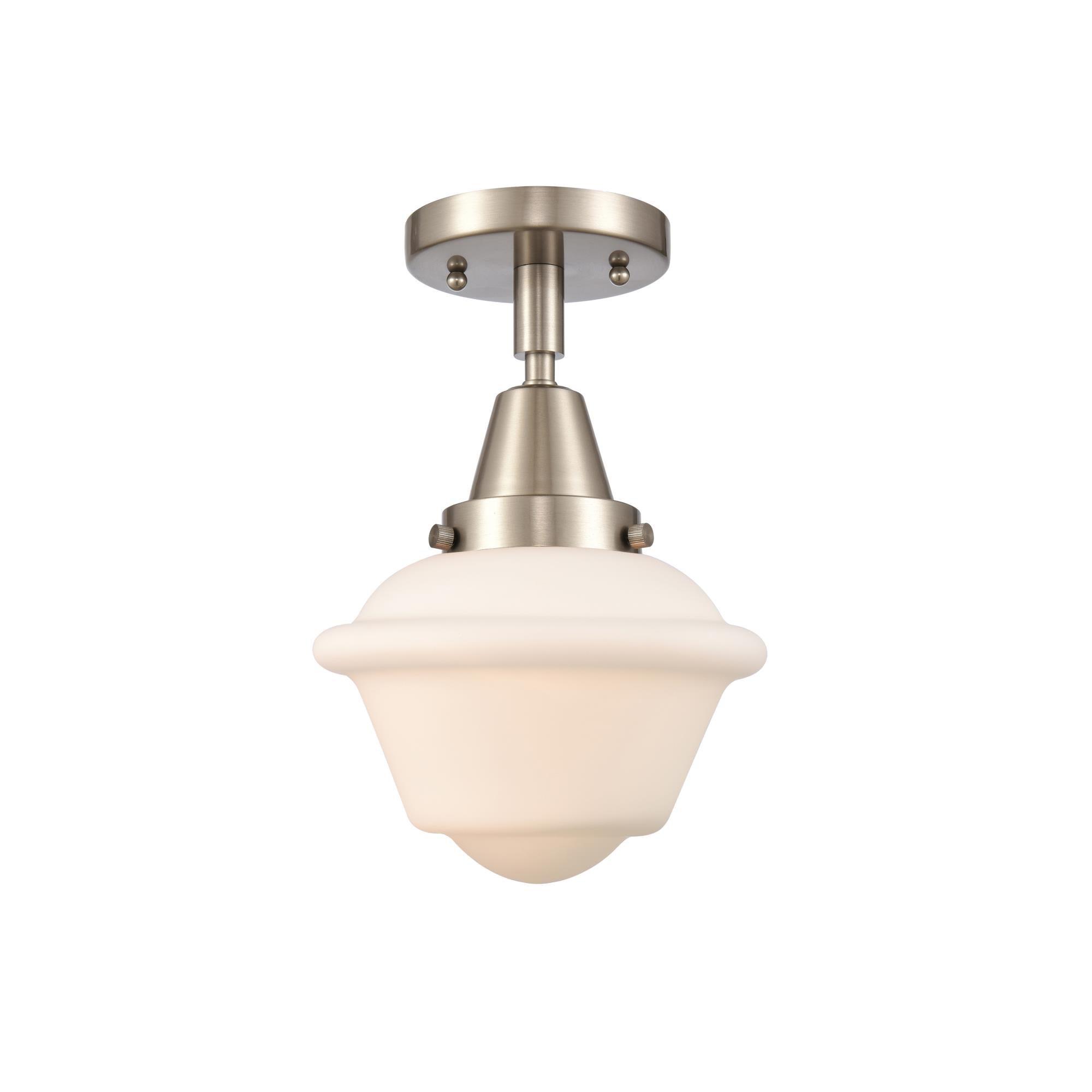 Shown in Brushed Satin Nickel finish and Matte White Cased Small Oxford glass and No Shade shade
