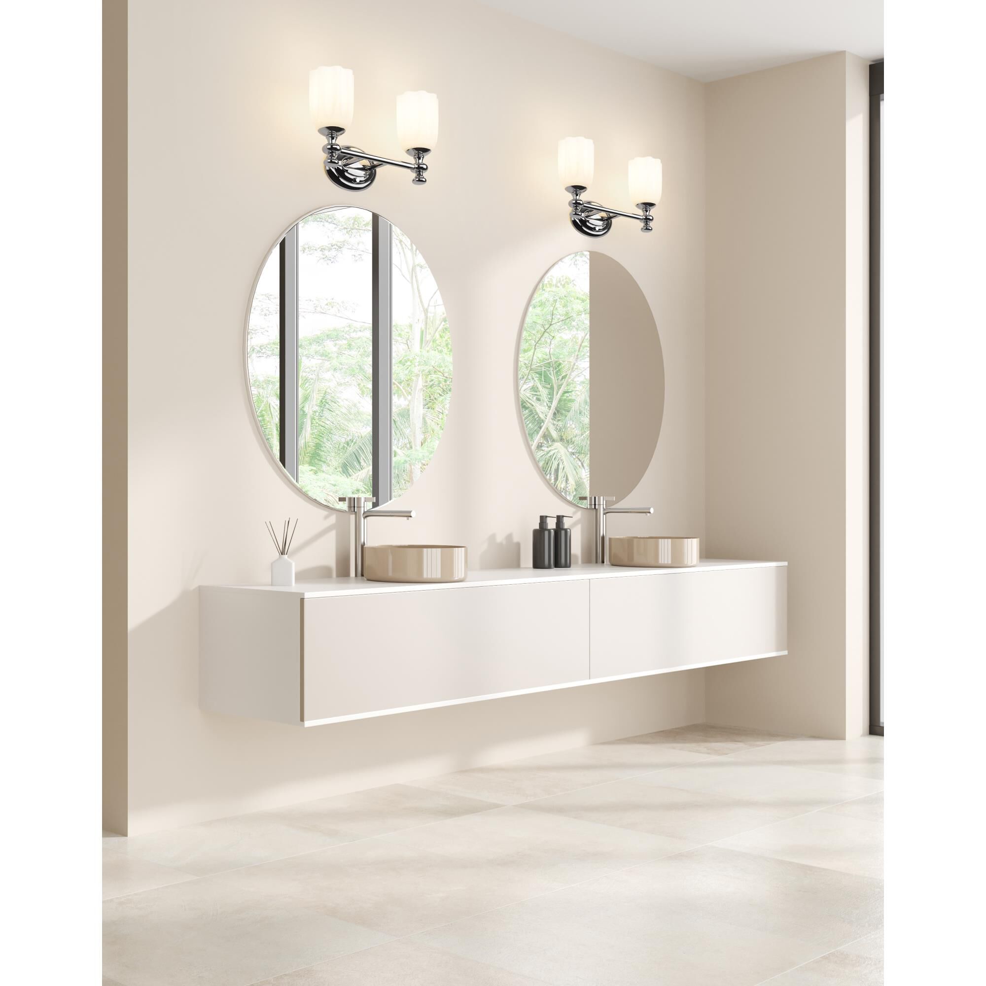 Shown in Chrome finish and Opal Etched glass and Opal Etched shade
