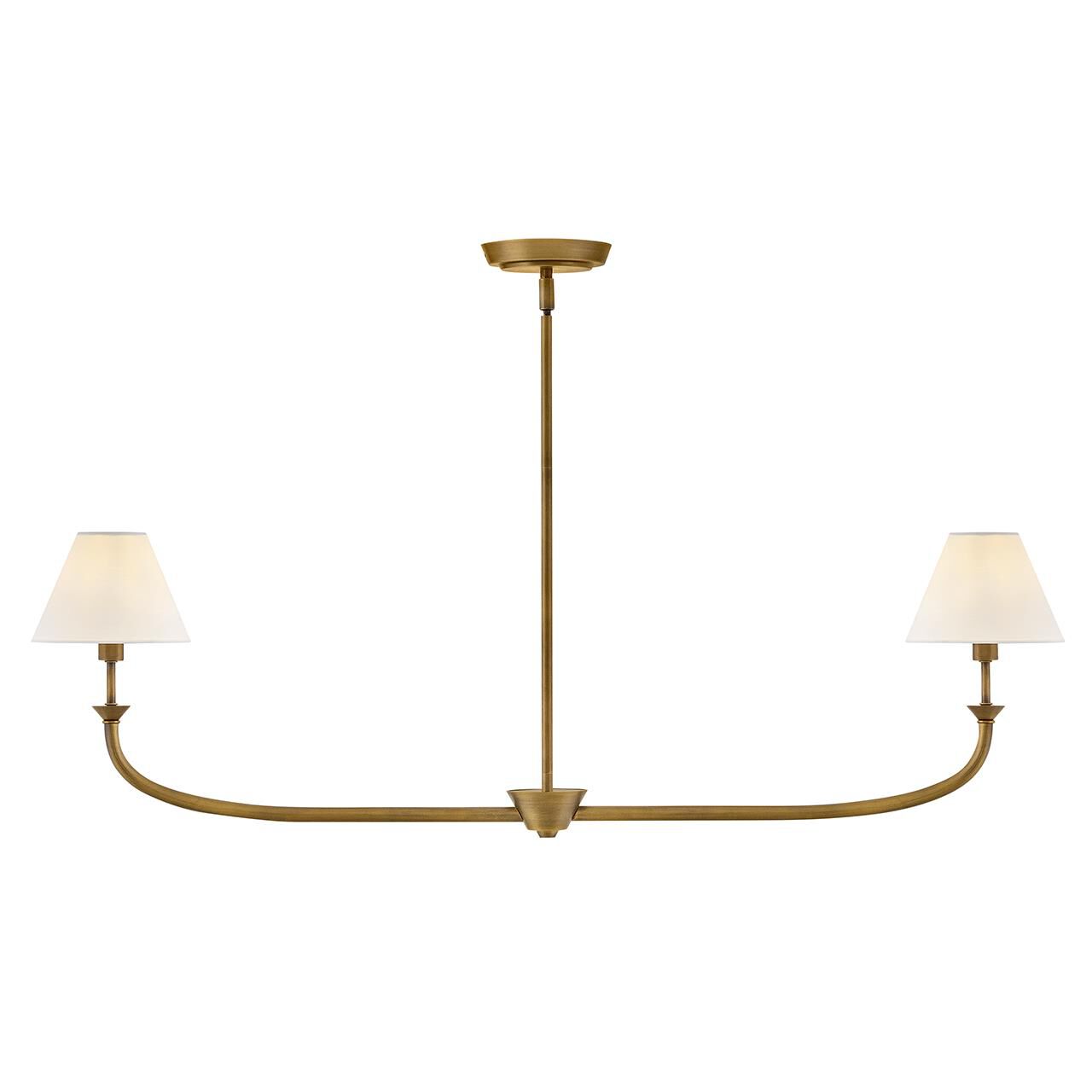 Shown in Heritage Brass finish and Off-White Linen shade