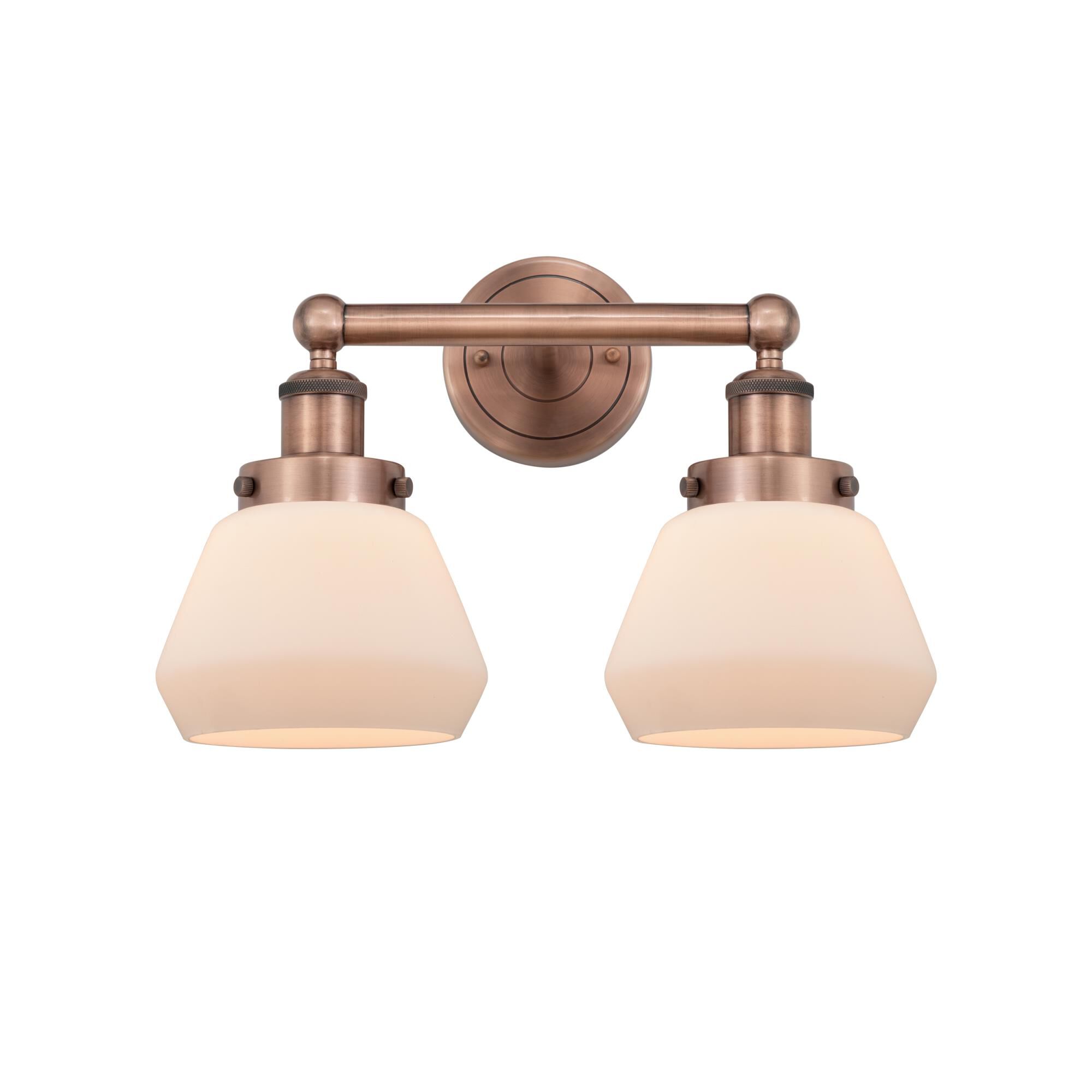 Shown in Antique Copper finish and Matte White glass