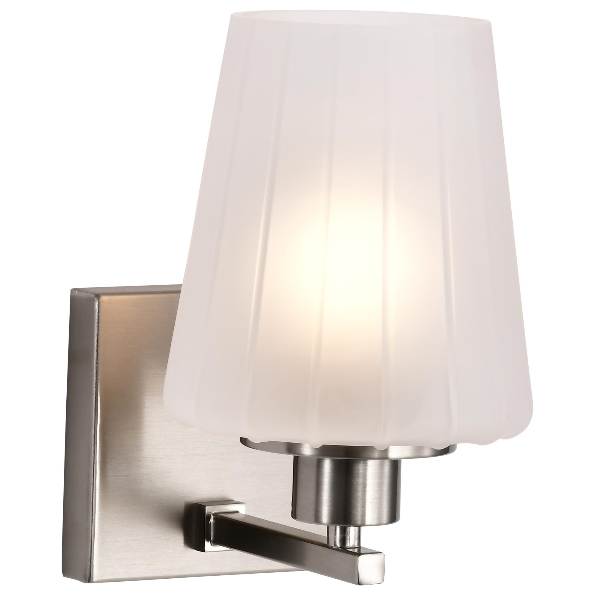 Shown in Brushed Nickel finish and Etched White glass