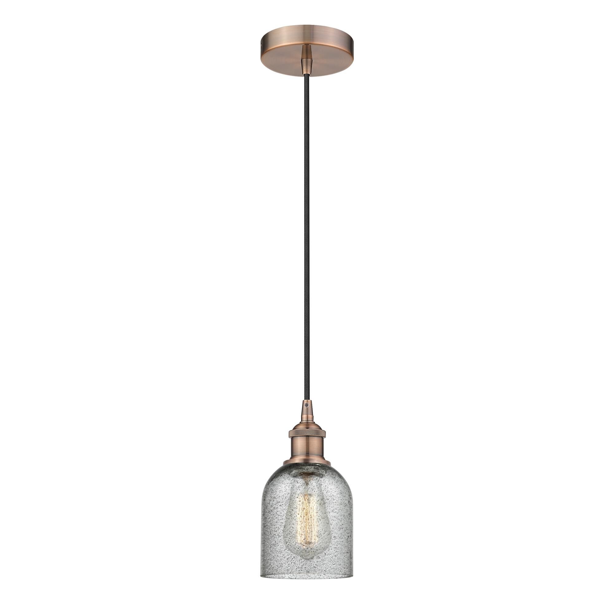 Shown in Antique Copper finish and Charcoal Caledonia glass