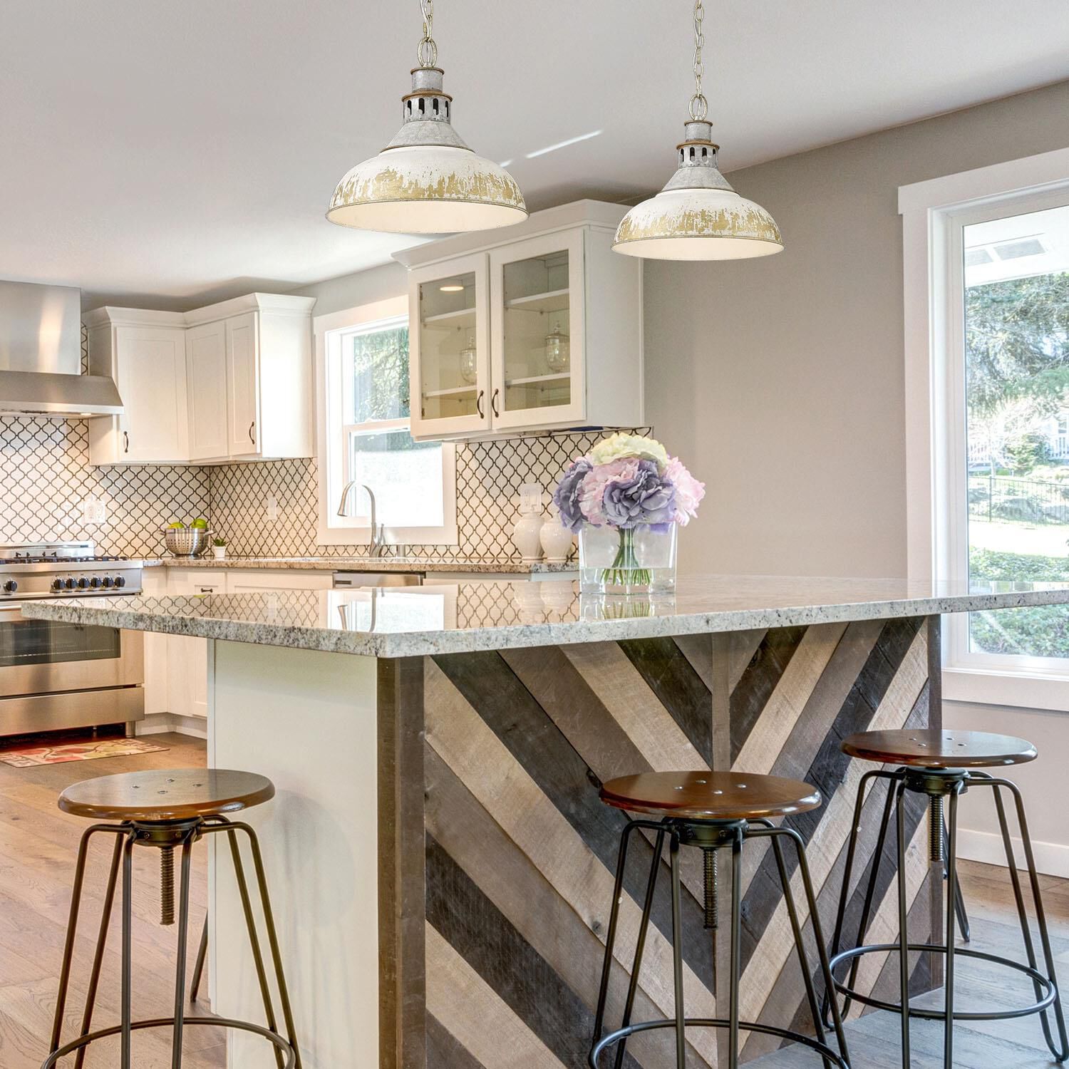 Shown in Aged Galvanized Steel finish and Antique Ivory shade