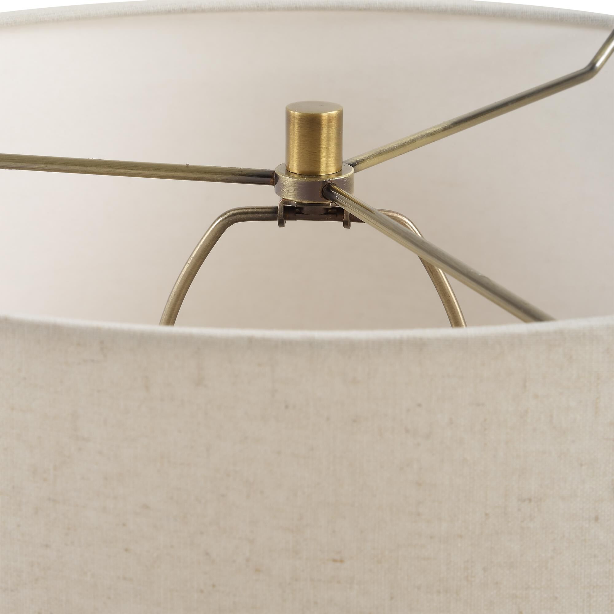 Shown in Brass, Brown and White finish and Round Hardback shade