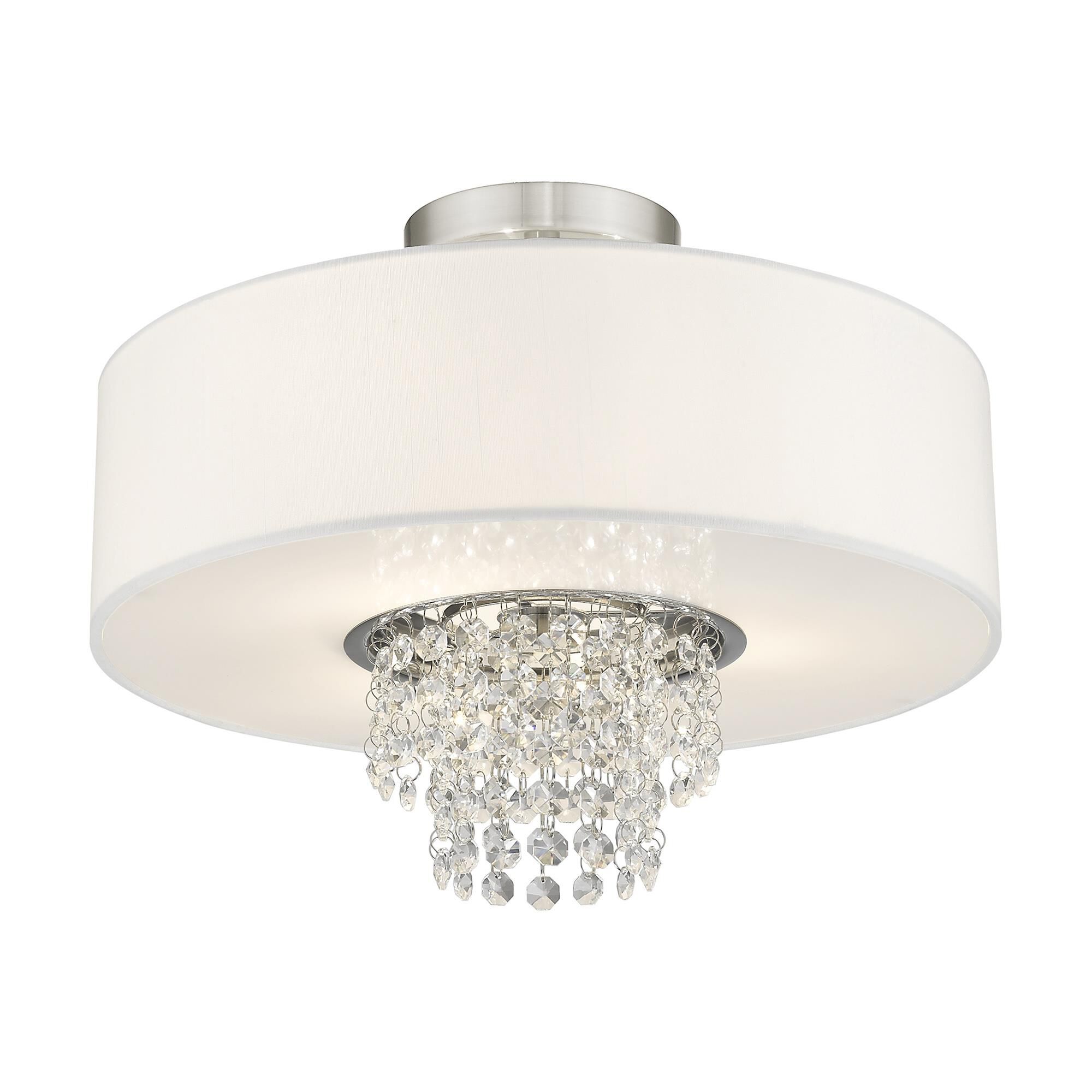 Shown in Brushed Nickel finish and Clear crystal and Off-White Sheer Organza shade