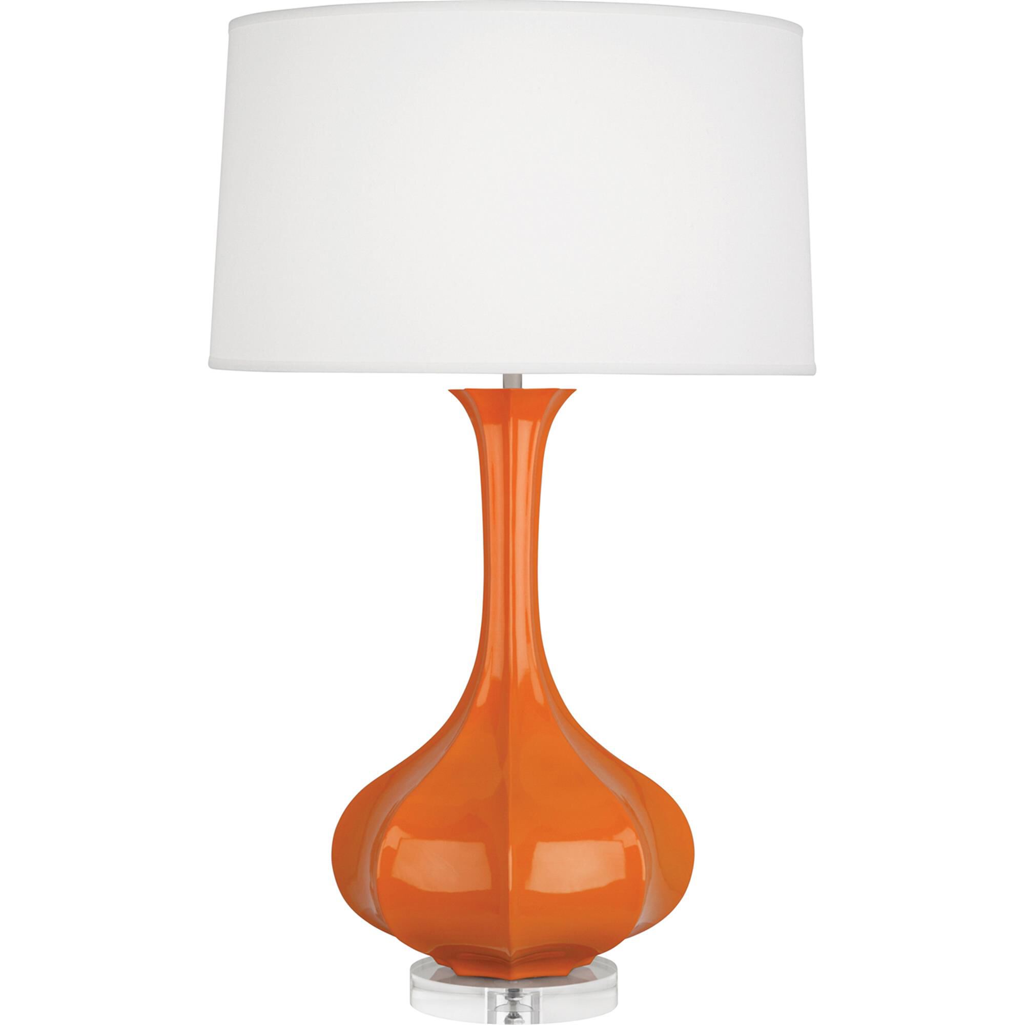 Shown in Pumpkin Glazed Ceramic With Lucite Base finish and Pearl Dupoini Fabric shade