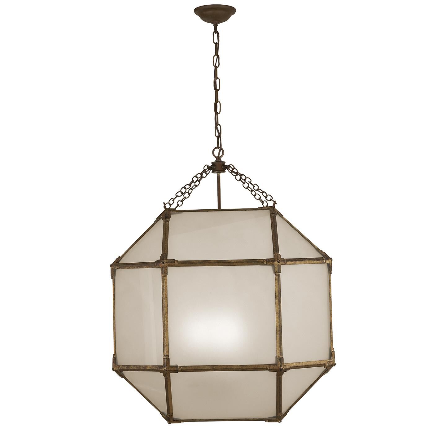 Shown in Gilded Iron finish and Frosted glass and White Glass shade