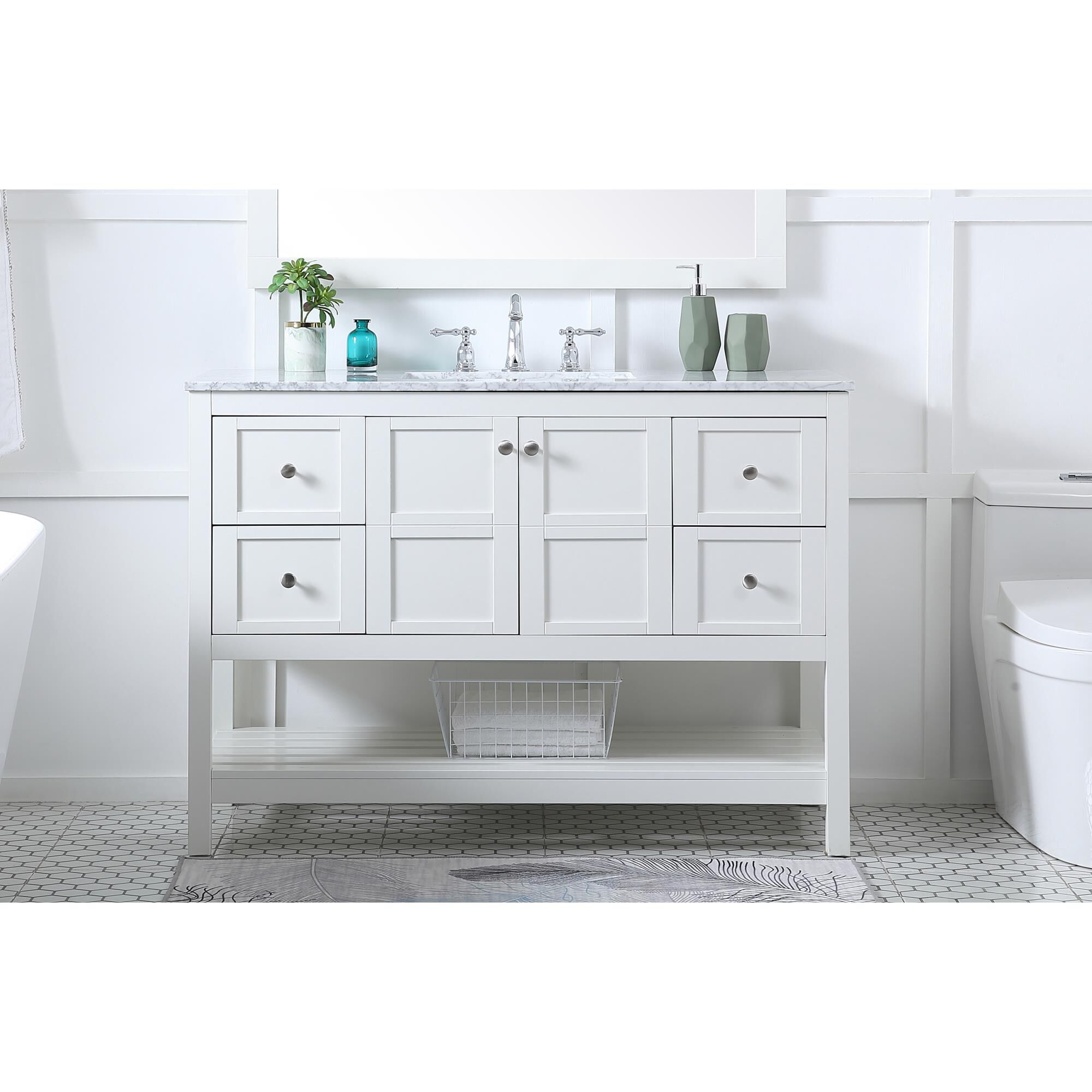 Shown in White And Brushed Nickel With Carrara White Marble finish