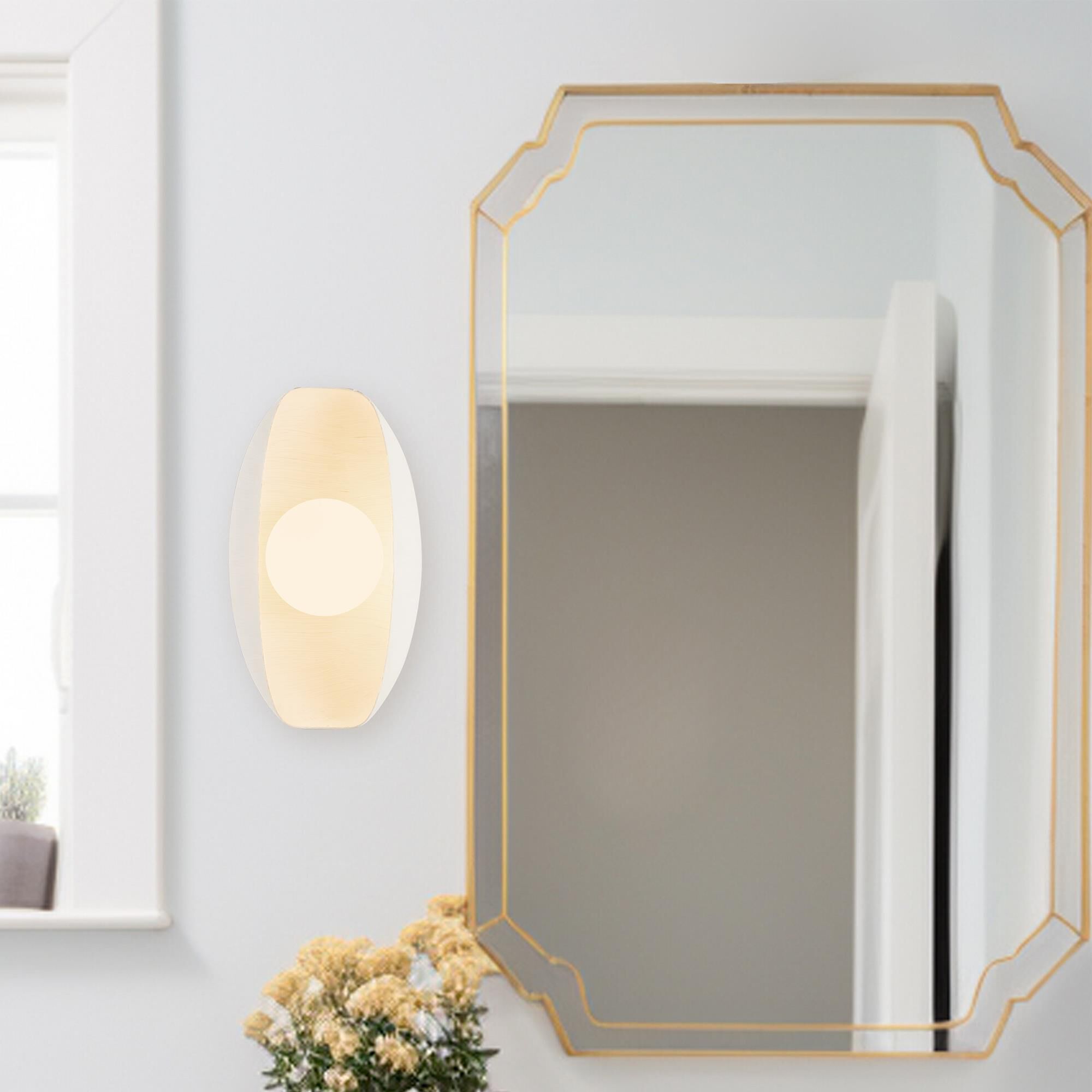 Shown in Antique White finish and Matte Opal glass