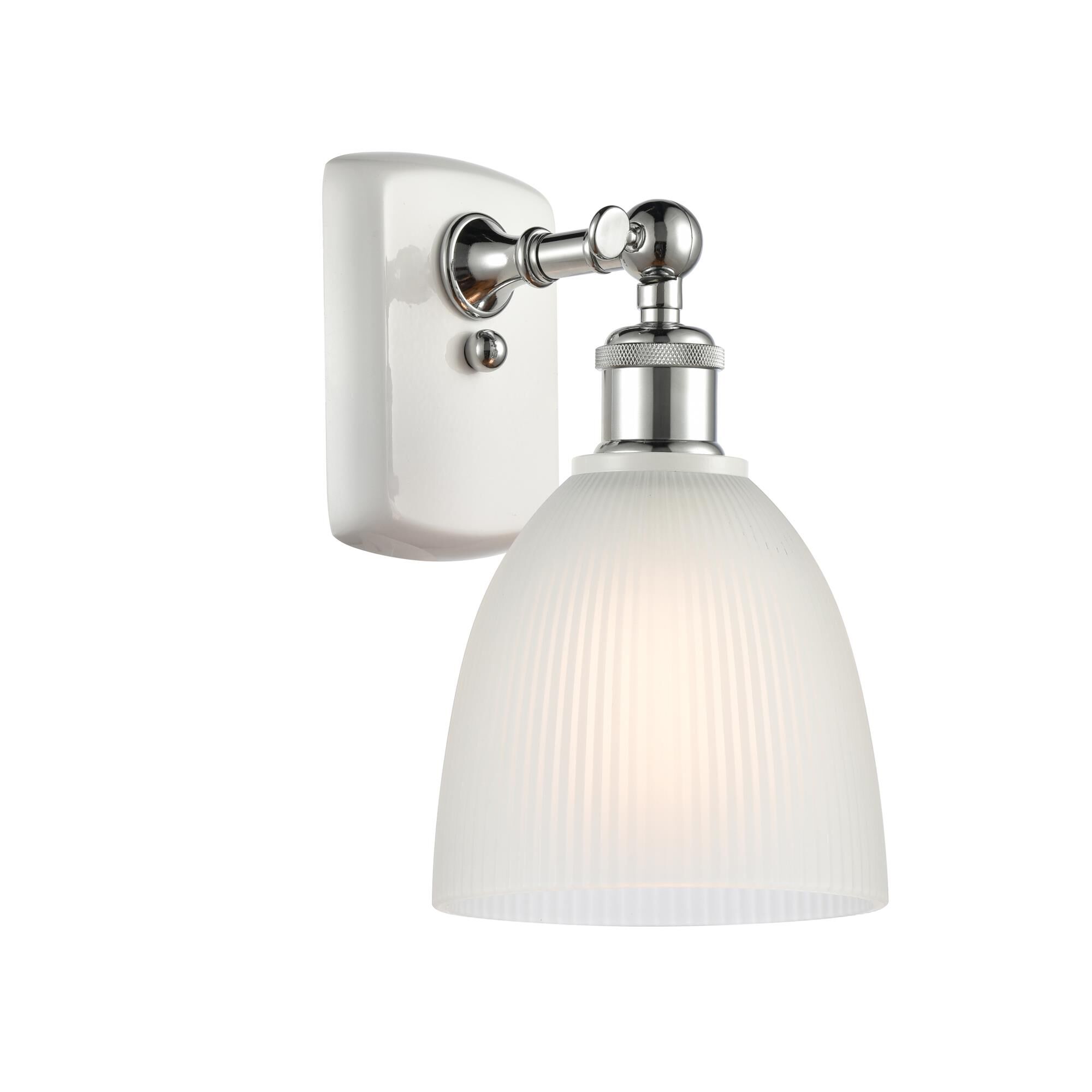 Shown in White And Polished Chrome finish and White Castile glass and Polished Chrome accent