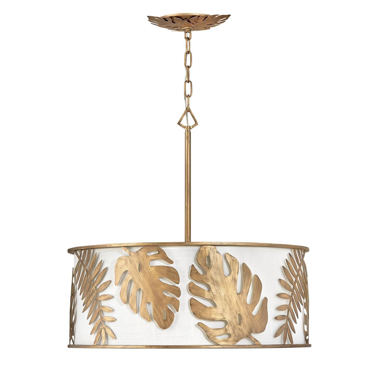 Shown in Burnished Gold finish and White Linen shade