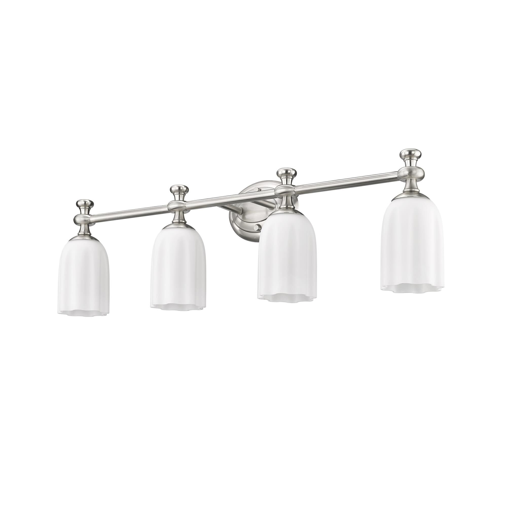 Shown in Brushed Nickel finish and Opal Etched glass and Opal Etched shade