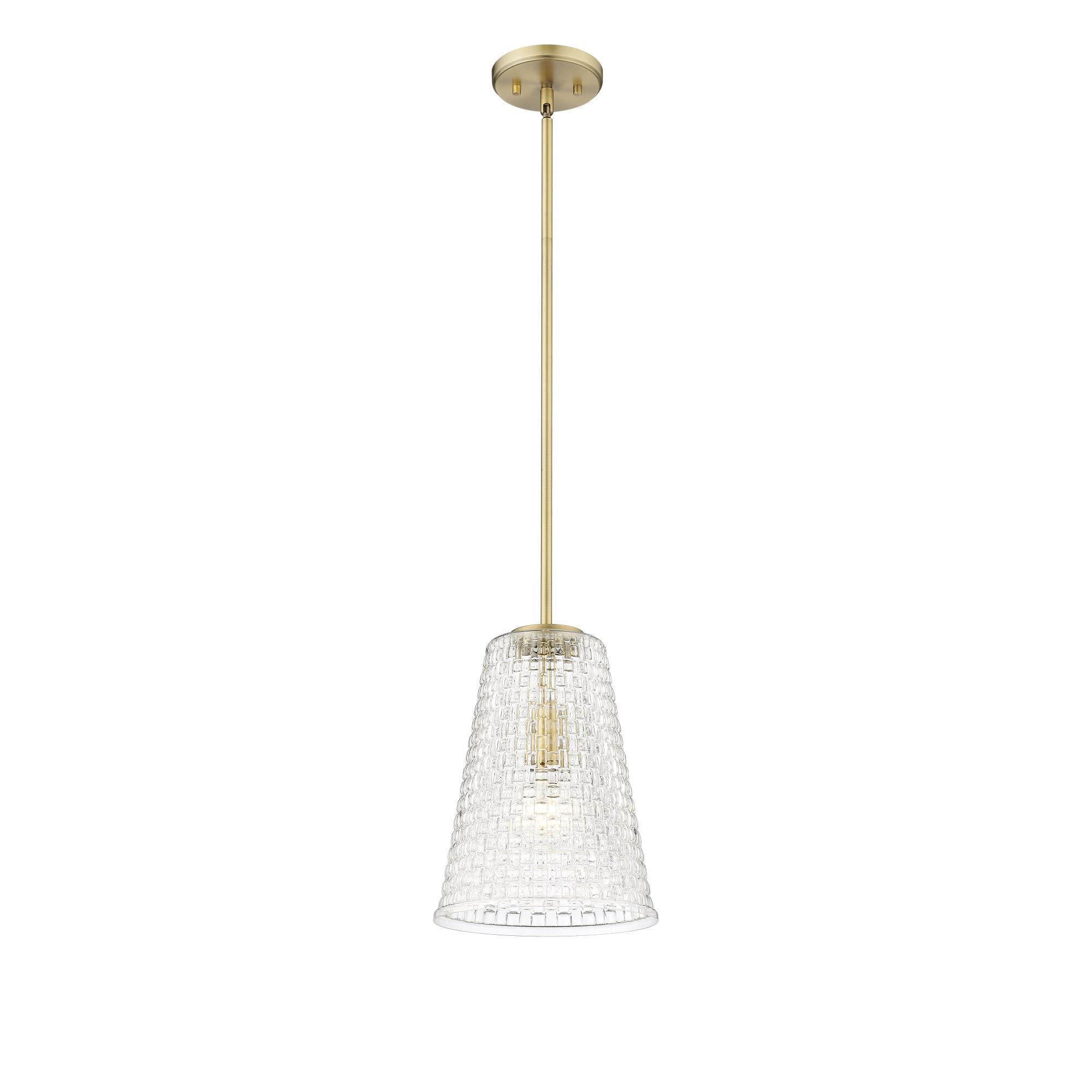 Shown in Vintage Brass finish and Clear Woven Lattice glass