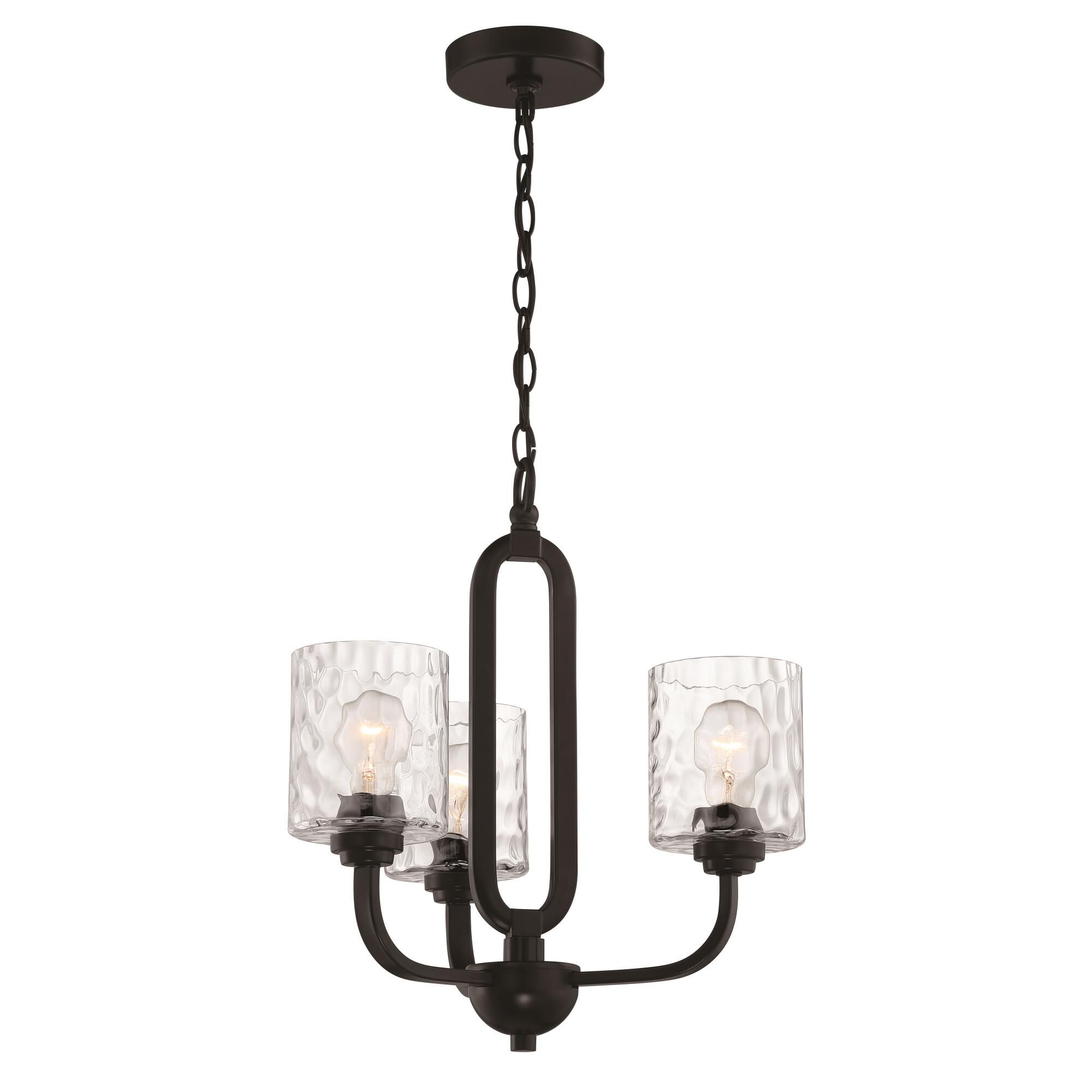 Shown in Flat Black finish and Clear Hammered glass and Glass shade