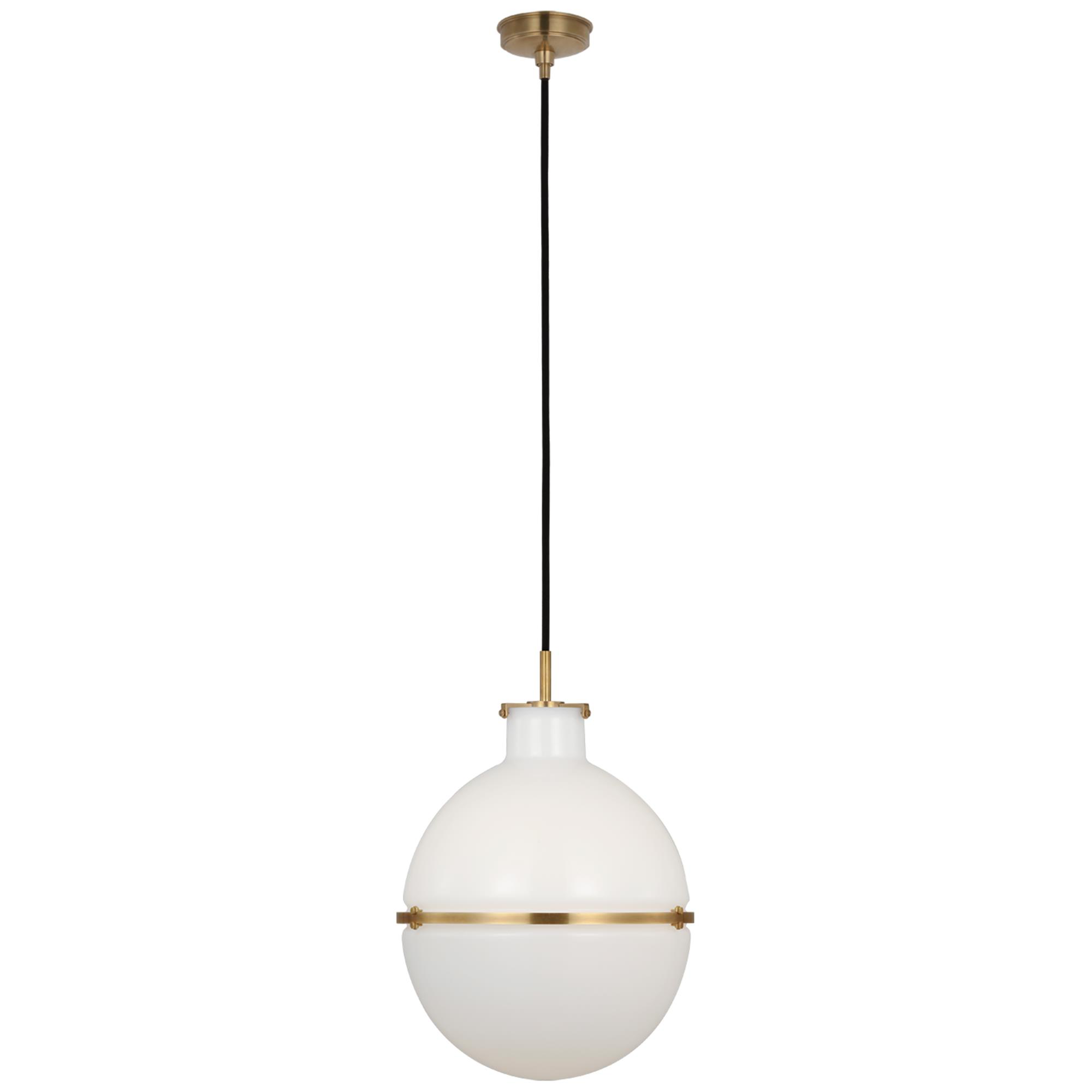 Shown in Hand-Rubbed Antique Brass finish and White glass