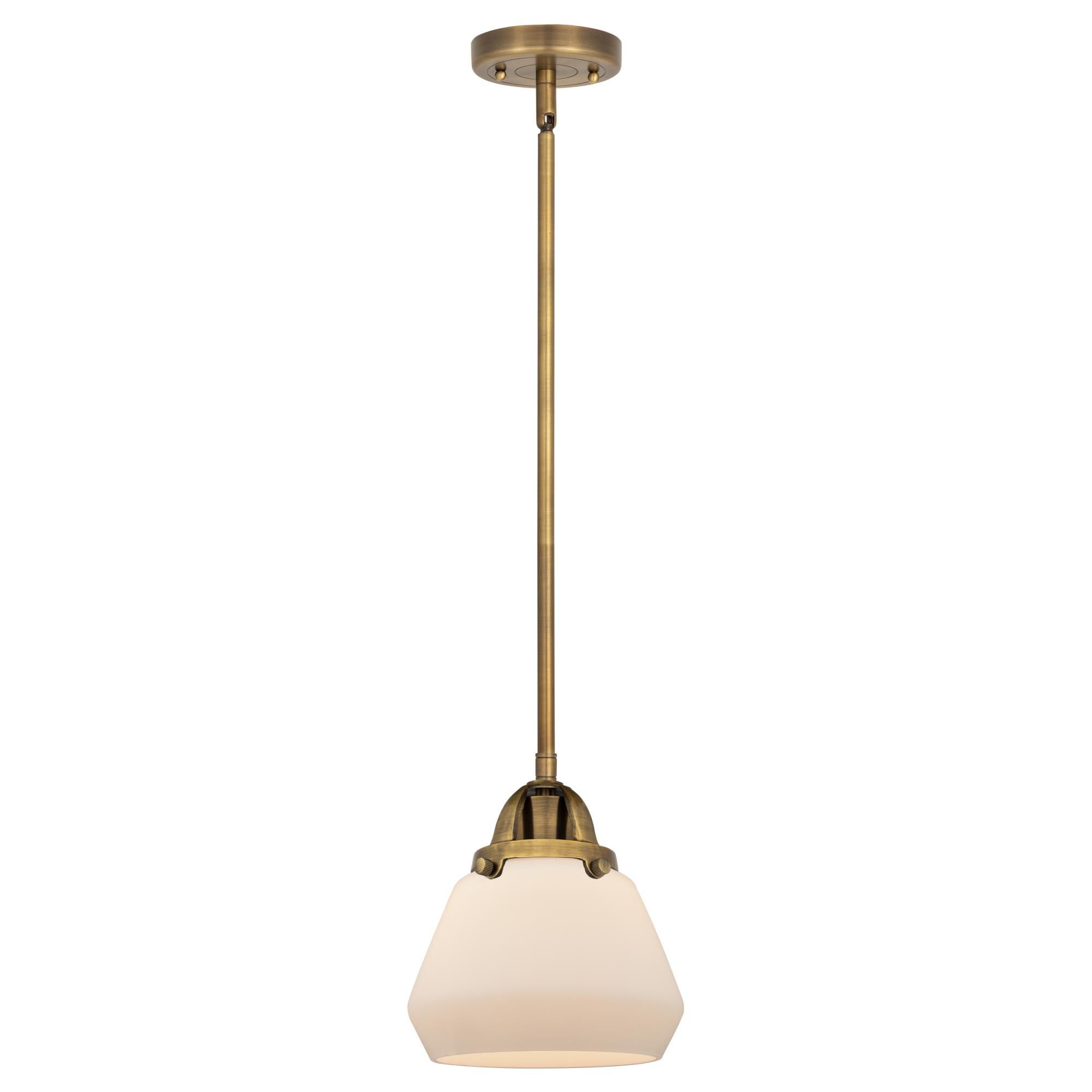 Shown in Brushed Brass finish and Matte White Cased Fulton glass and No Shade shade