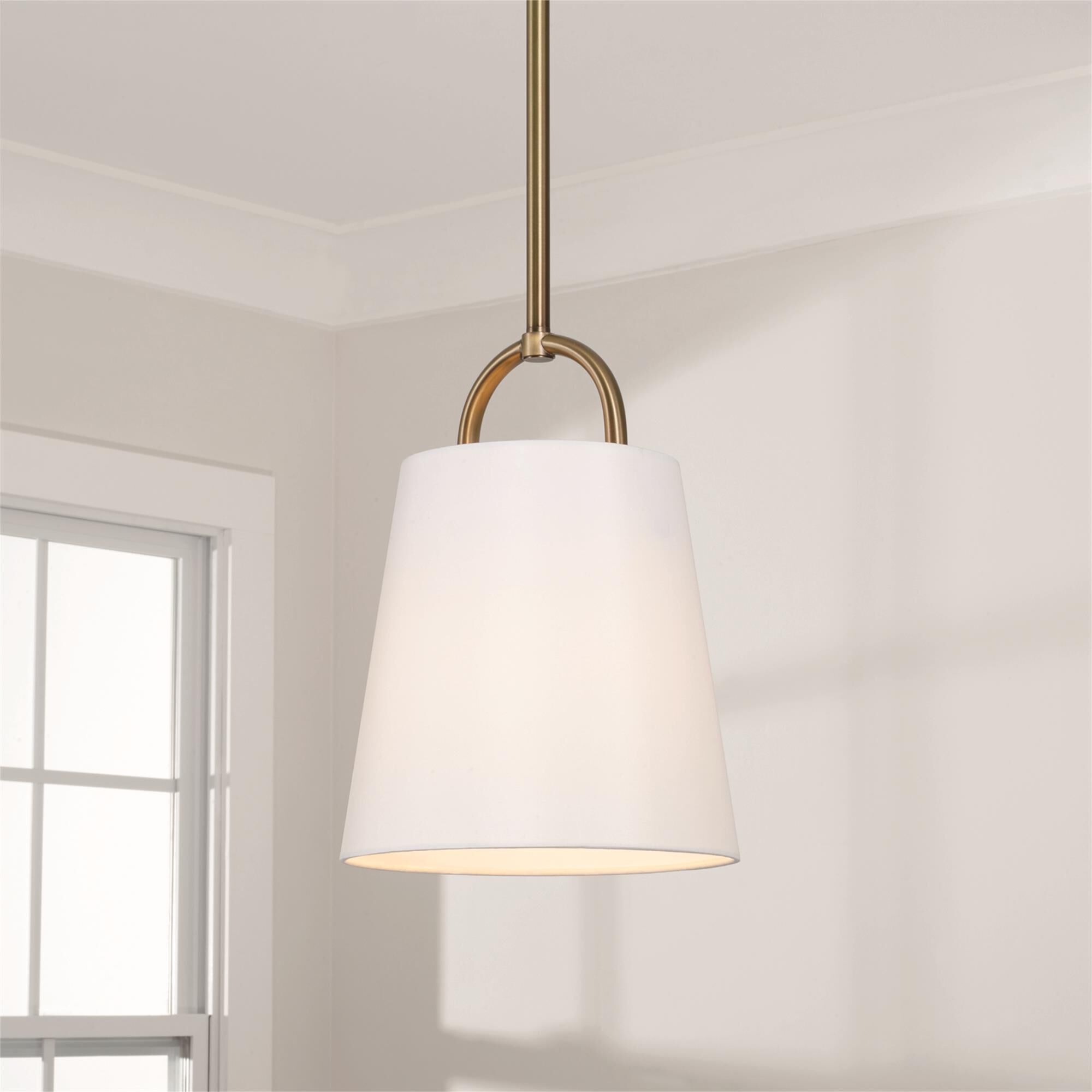 Shown in Aged Brass finish and White Fabric shade