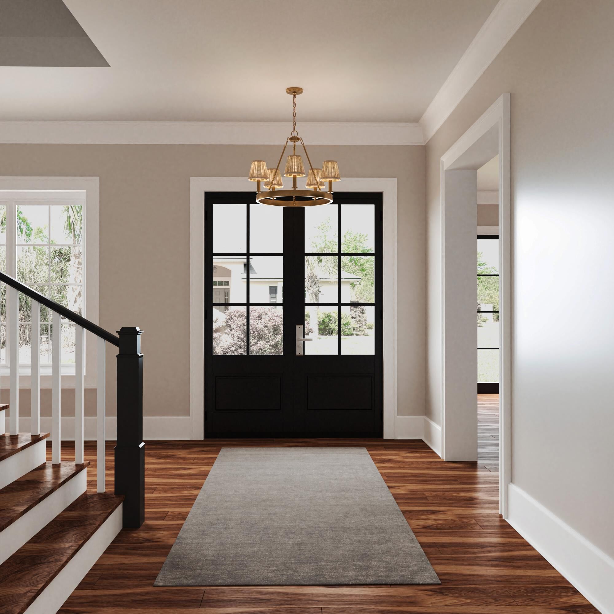 Shown in Brushed Gold finish and Natural Woven Rattan Cone Shade glass and Natural Woven Rattan Cone shade