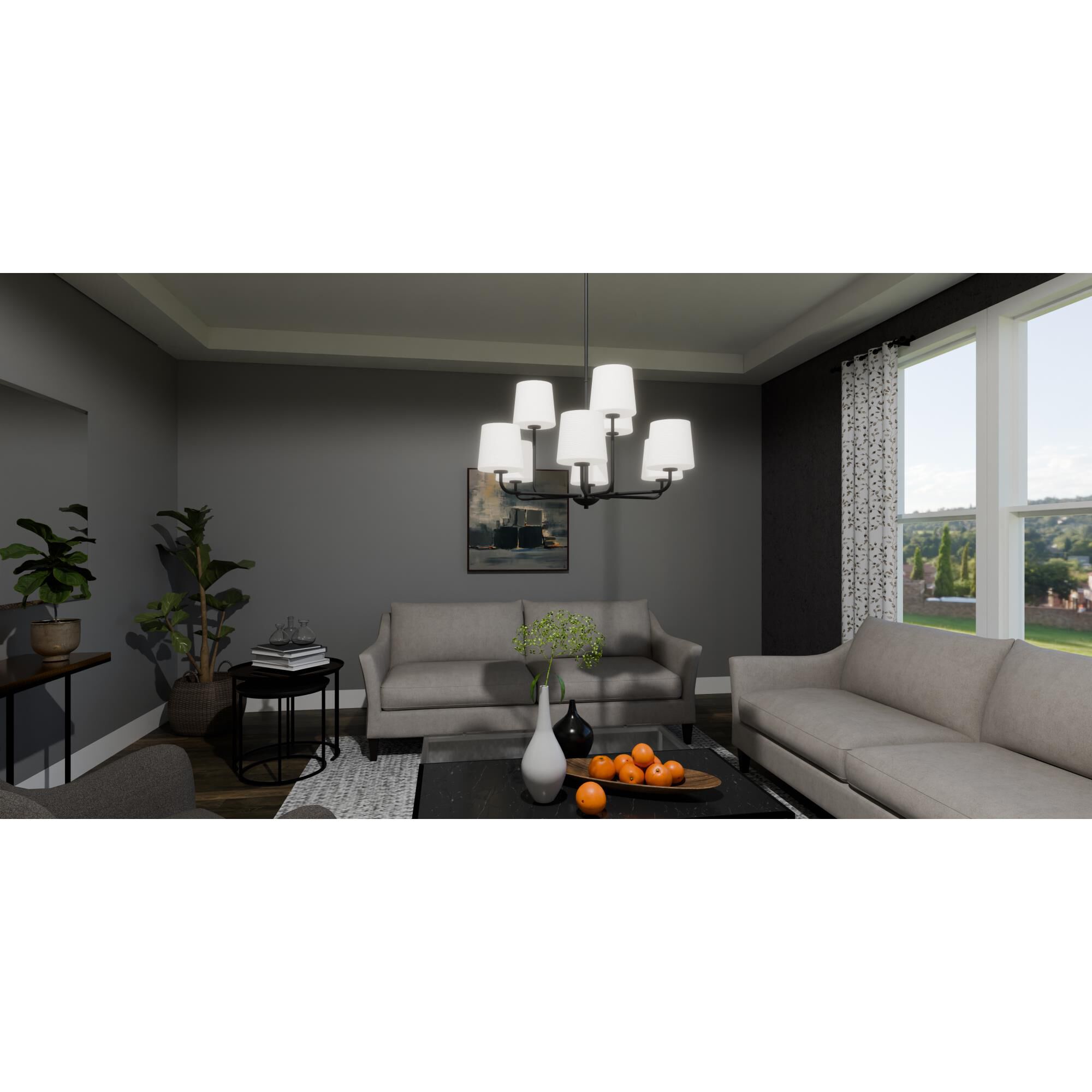 Shown in Matte Black finish and No Glass glass and White Fabric shade