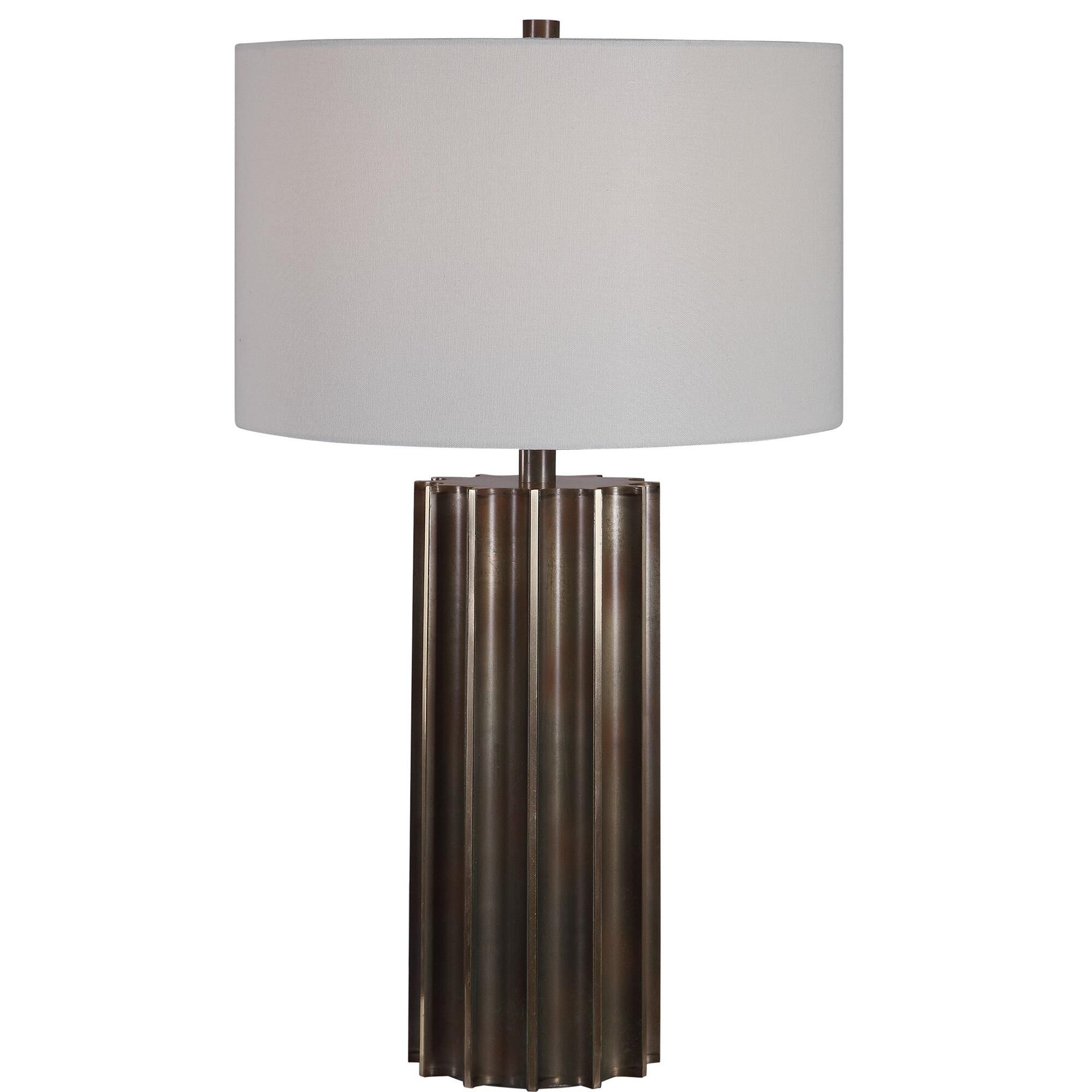 Shown in This Table Lamp Features A Deep Fluted Steel Base Finished In An Aged Gun Metal With Rust Distressin finish and Round Drum Hardback shade