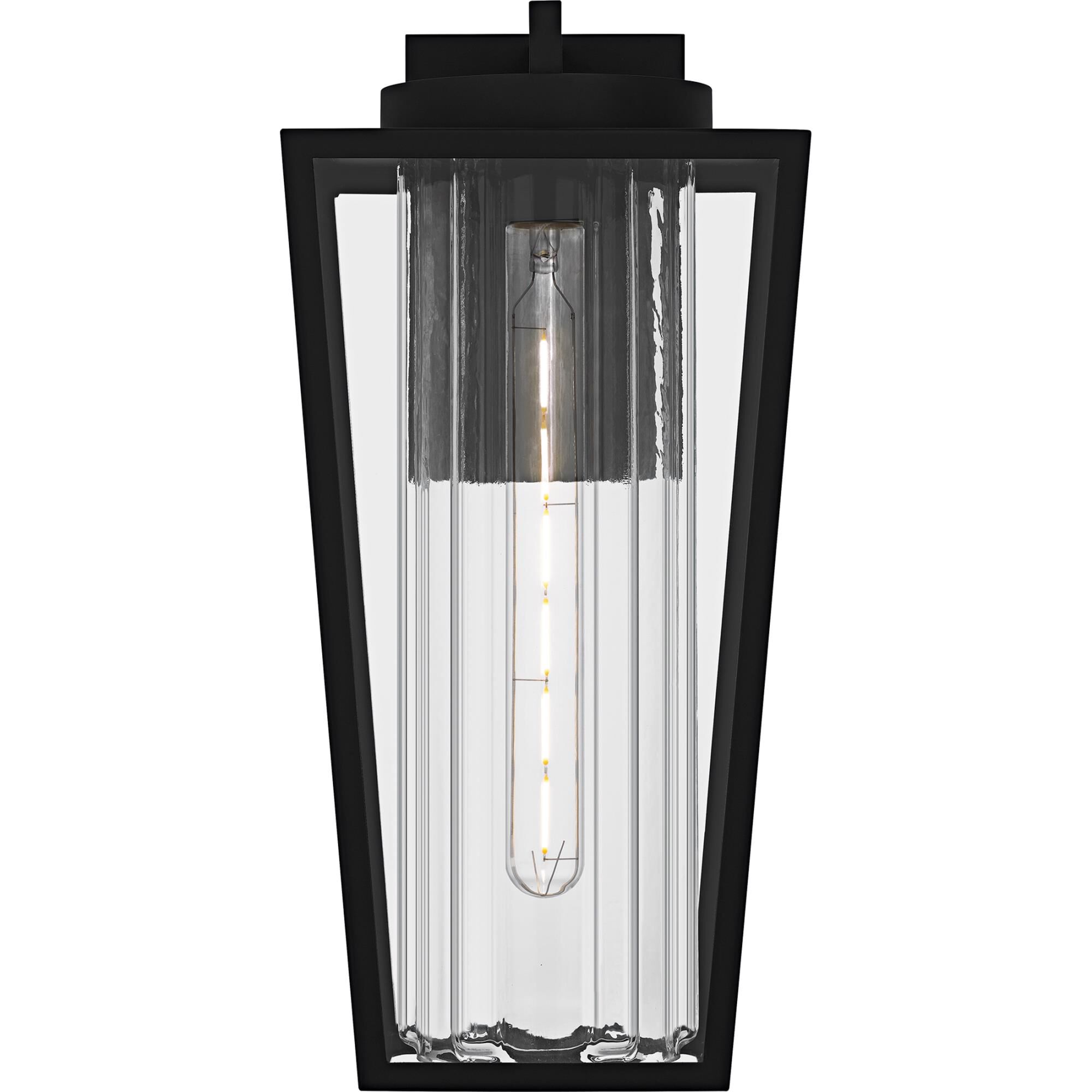 Shown in Matte Black finish and Clear Glass With Ribbed Interior, Clear Tempered Glass Panel shade
