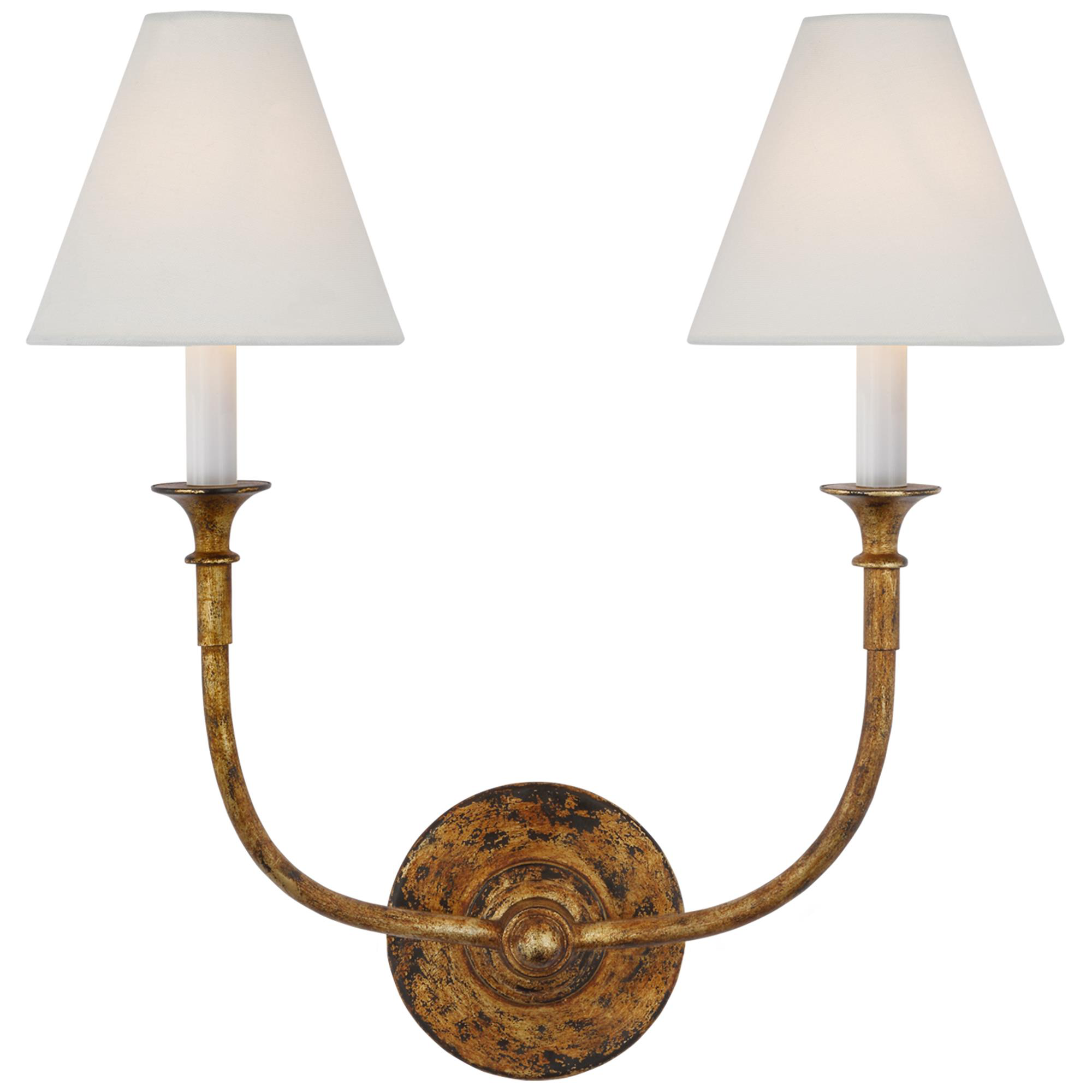 Shown in Antique Gild finish and Linen shade