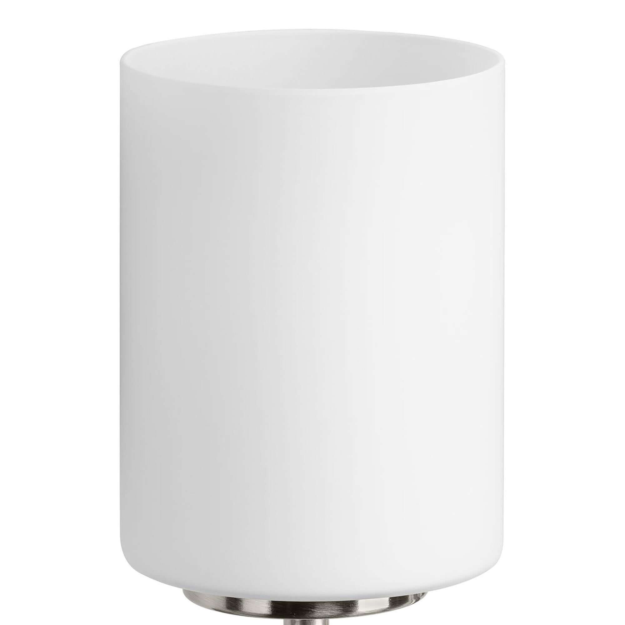 Shown in Brushed Nickel finish and Etched Painted White glass