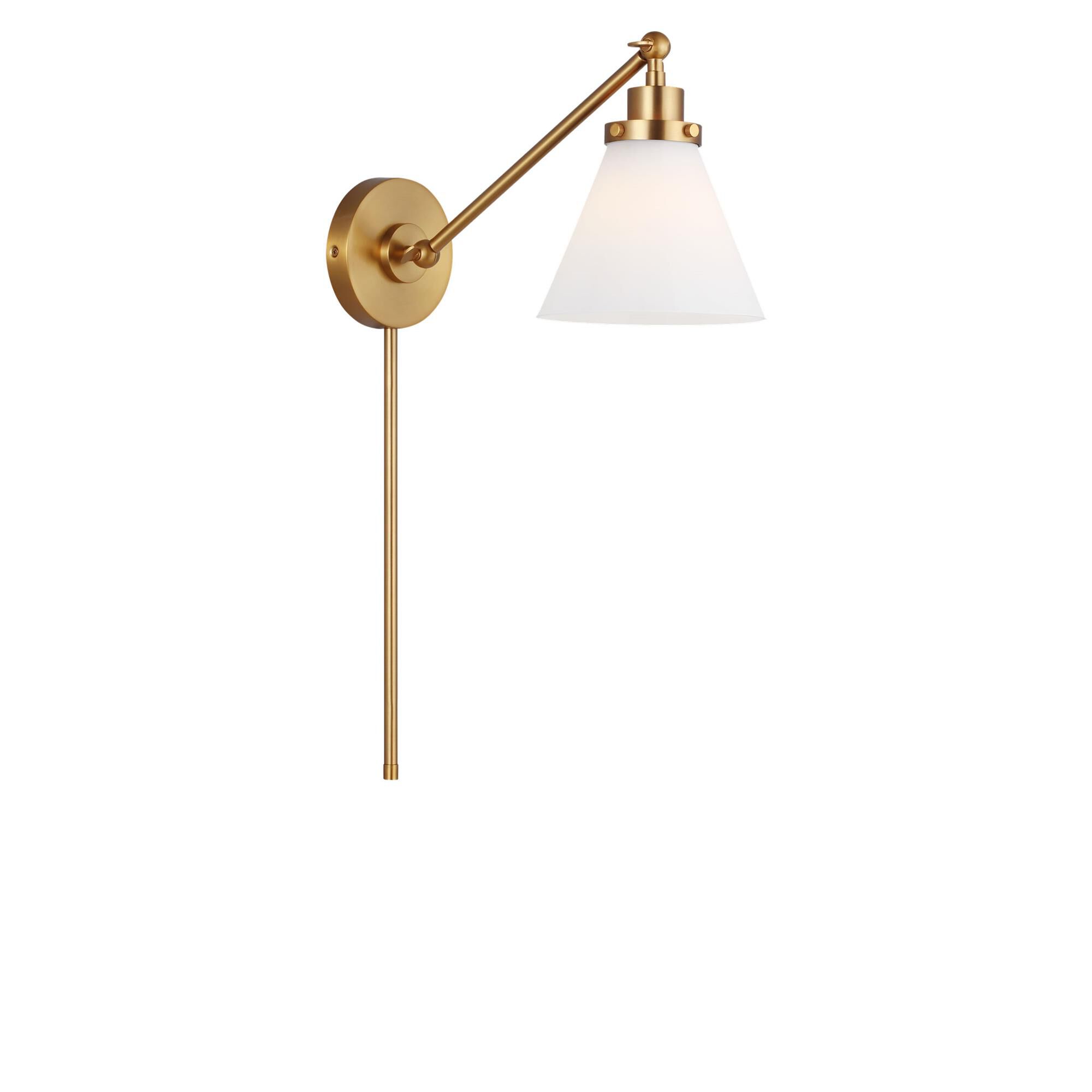 Shown in Burnished Brass finish and Milk Glass shade