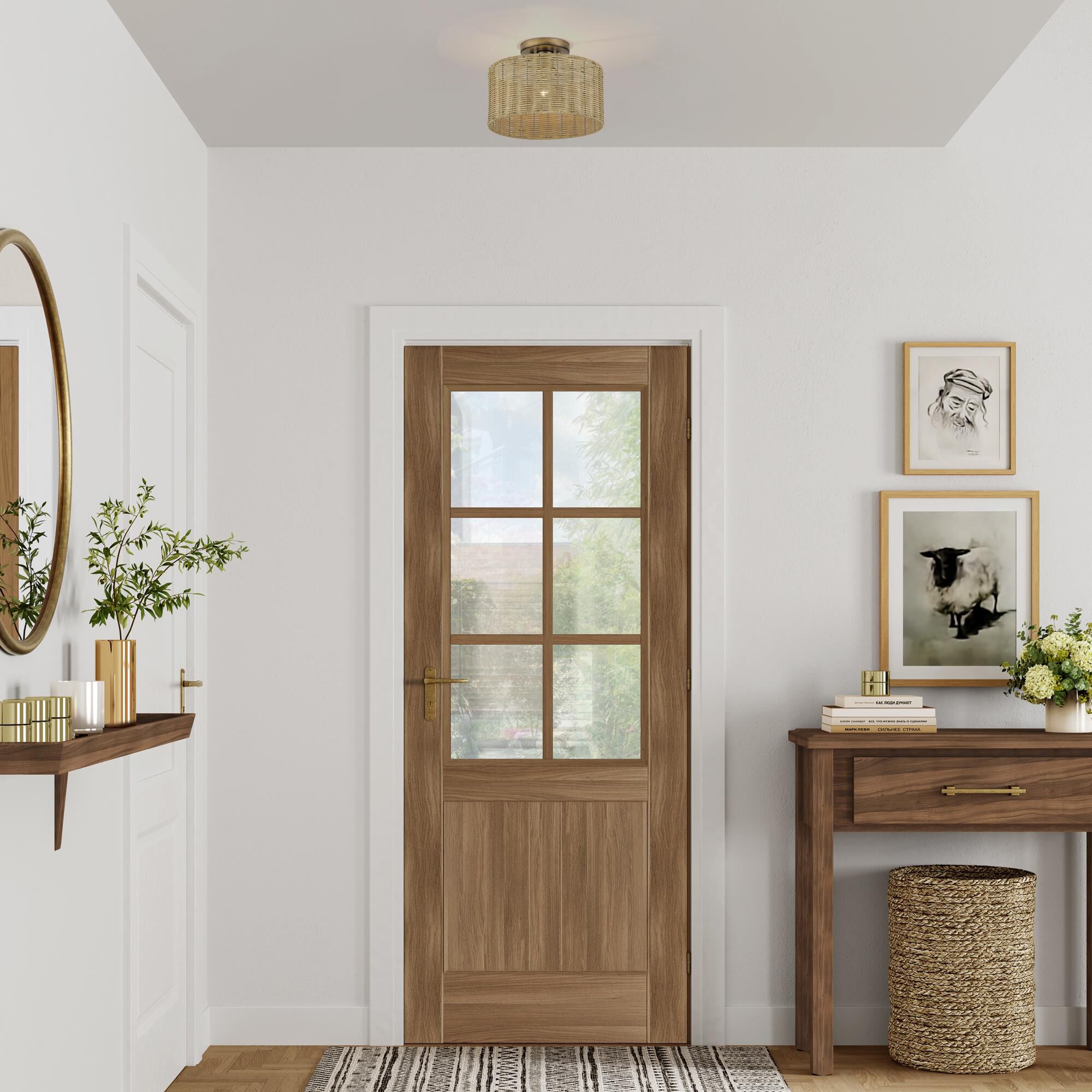 Shown in Antique Gold Leaf finish and Hand-Woven Rustic Walnut Color Rattan shade