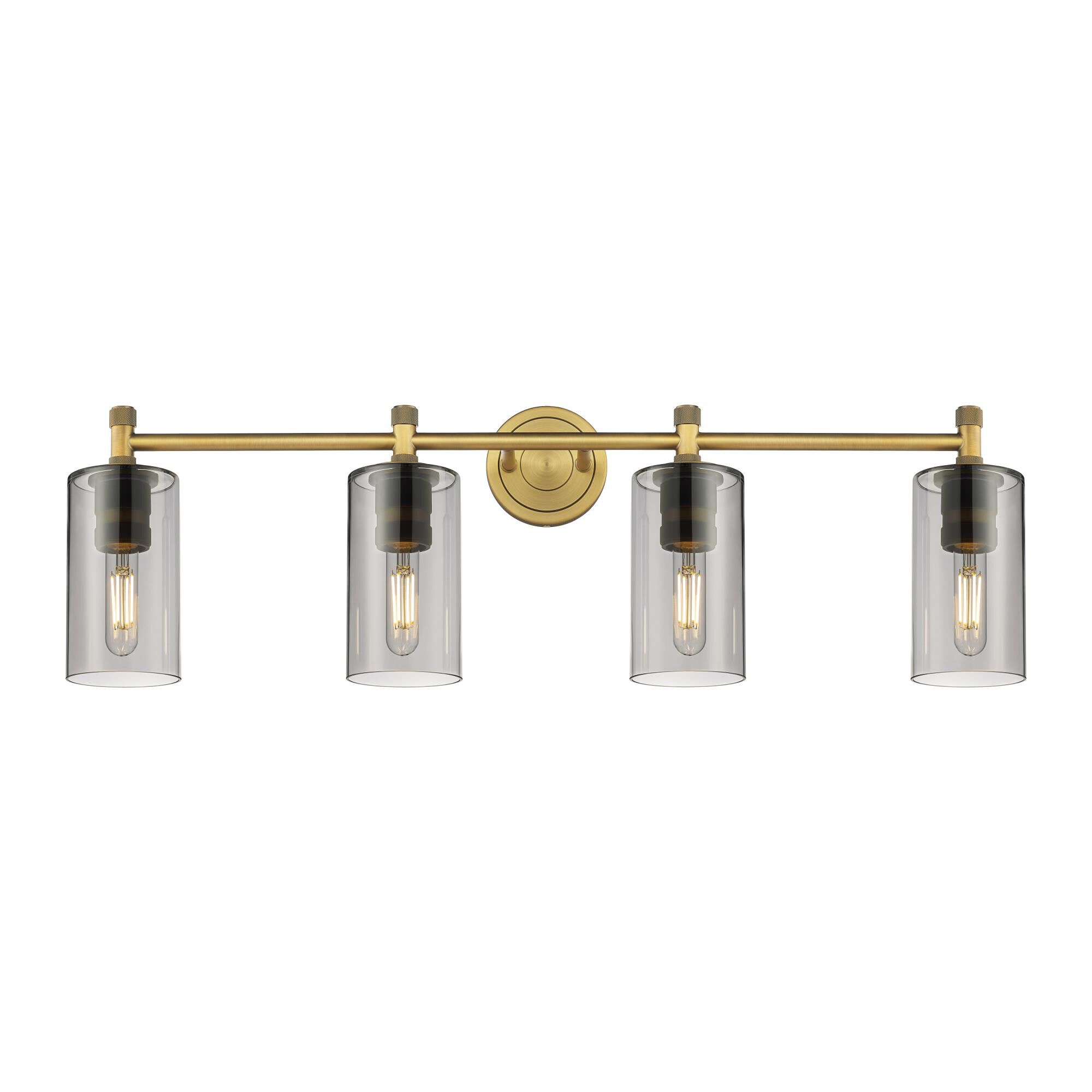 Shown in Brushed Brass finish and Plated Smoke glass and Plated Smoke Glass shade
