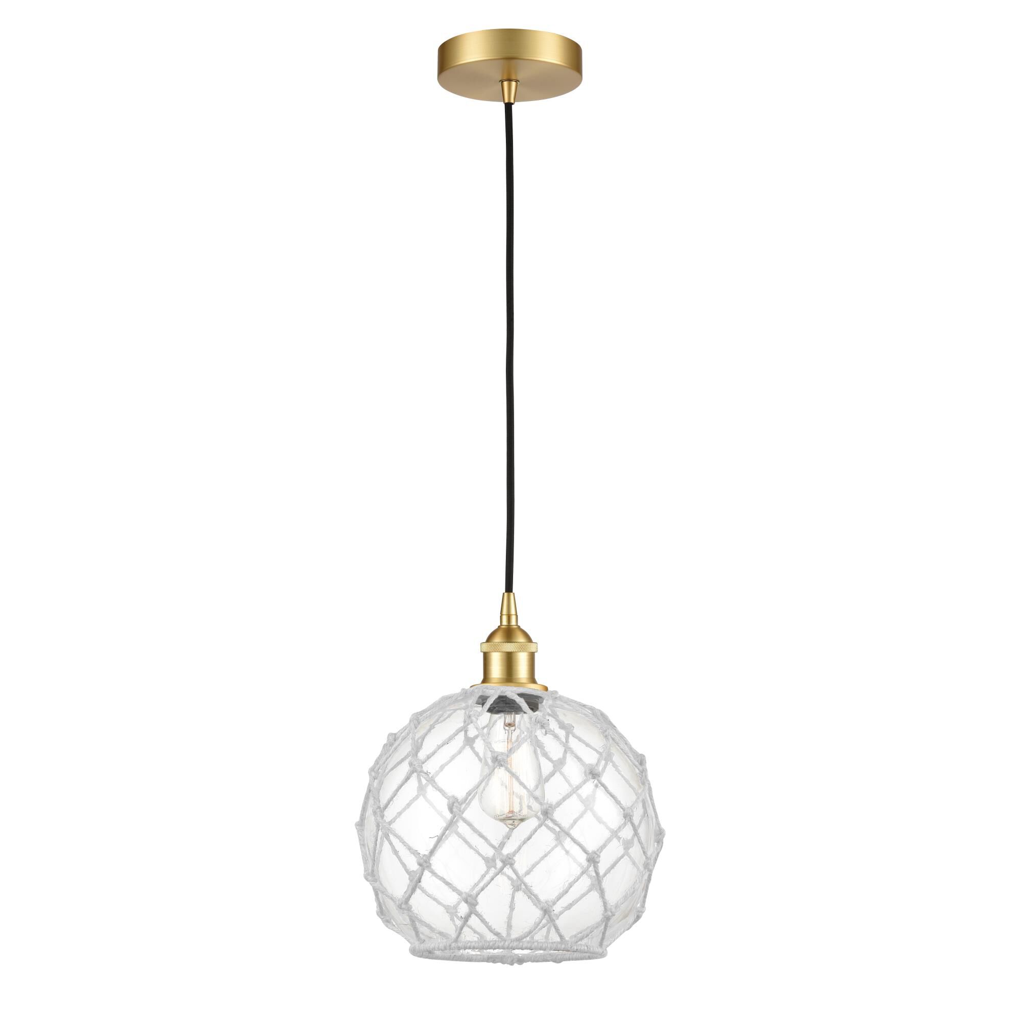 Shown in Satin Gold finish and Clear Large Farmhouse With White Rope glass